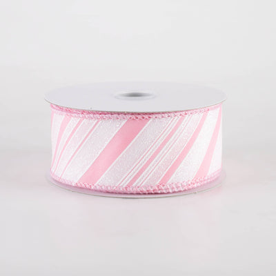 1.5" Iridescent Diagonal Stripe Candy Cane Ribbon: Pink & White (10 Yards)