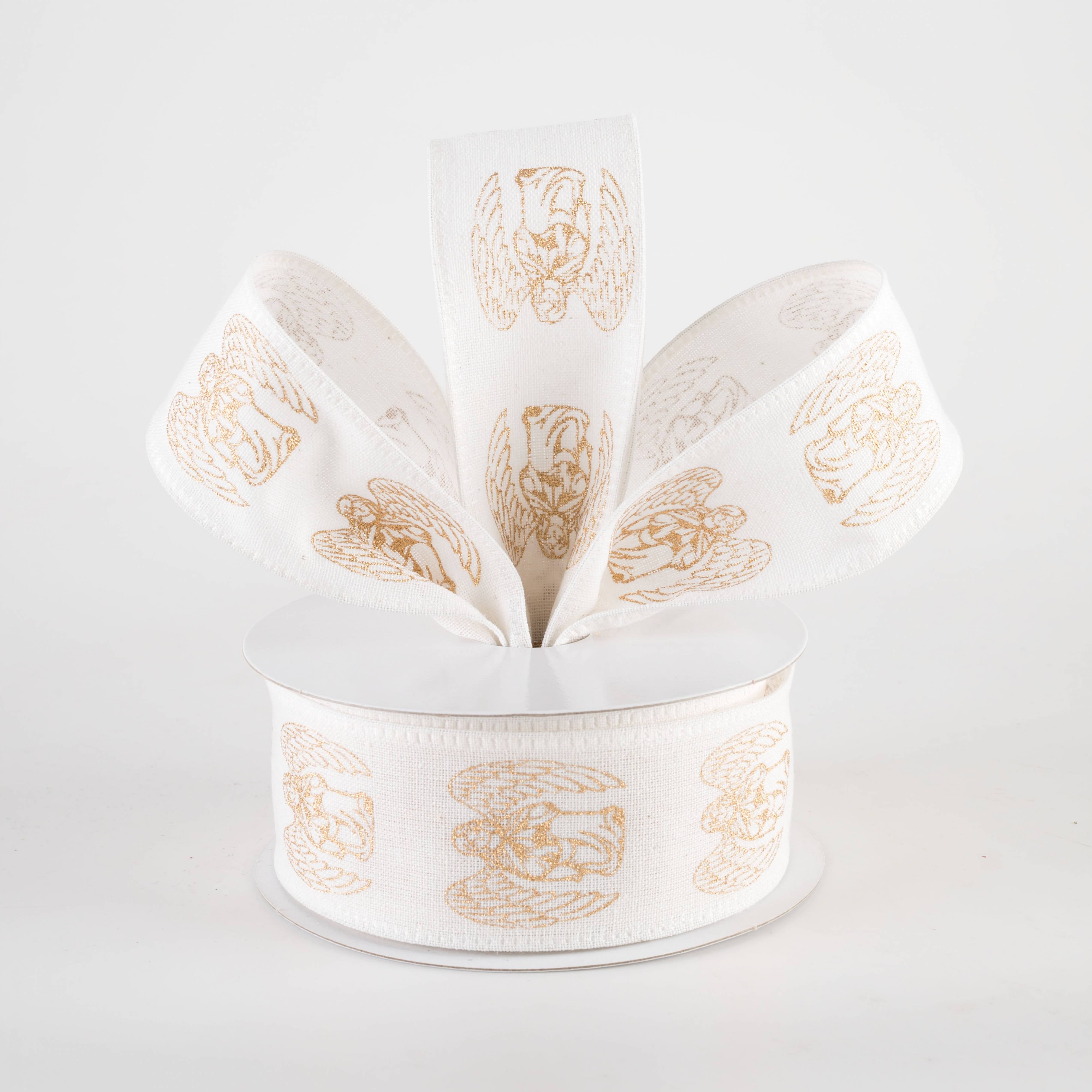 1.5" Linen Winged Angels Ribbon: Gold on Ivory (10 Yards)