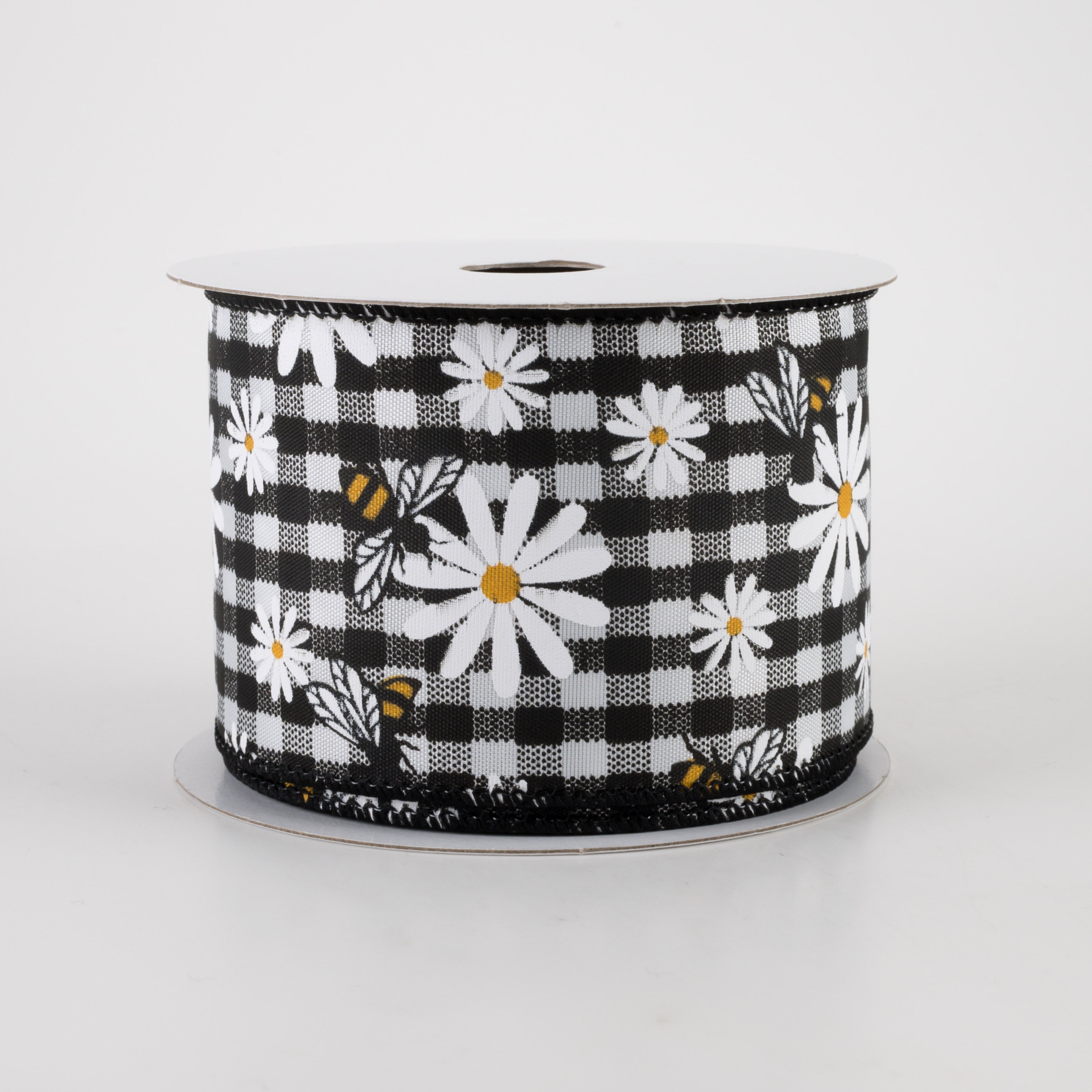 2.5" Daisies & Bees Ribbon: Black & White Gingham (10 Yards)