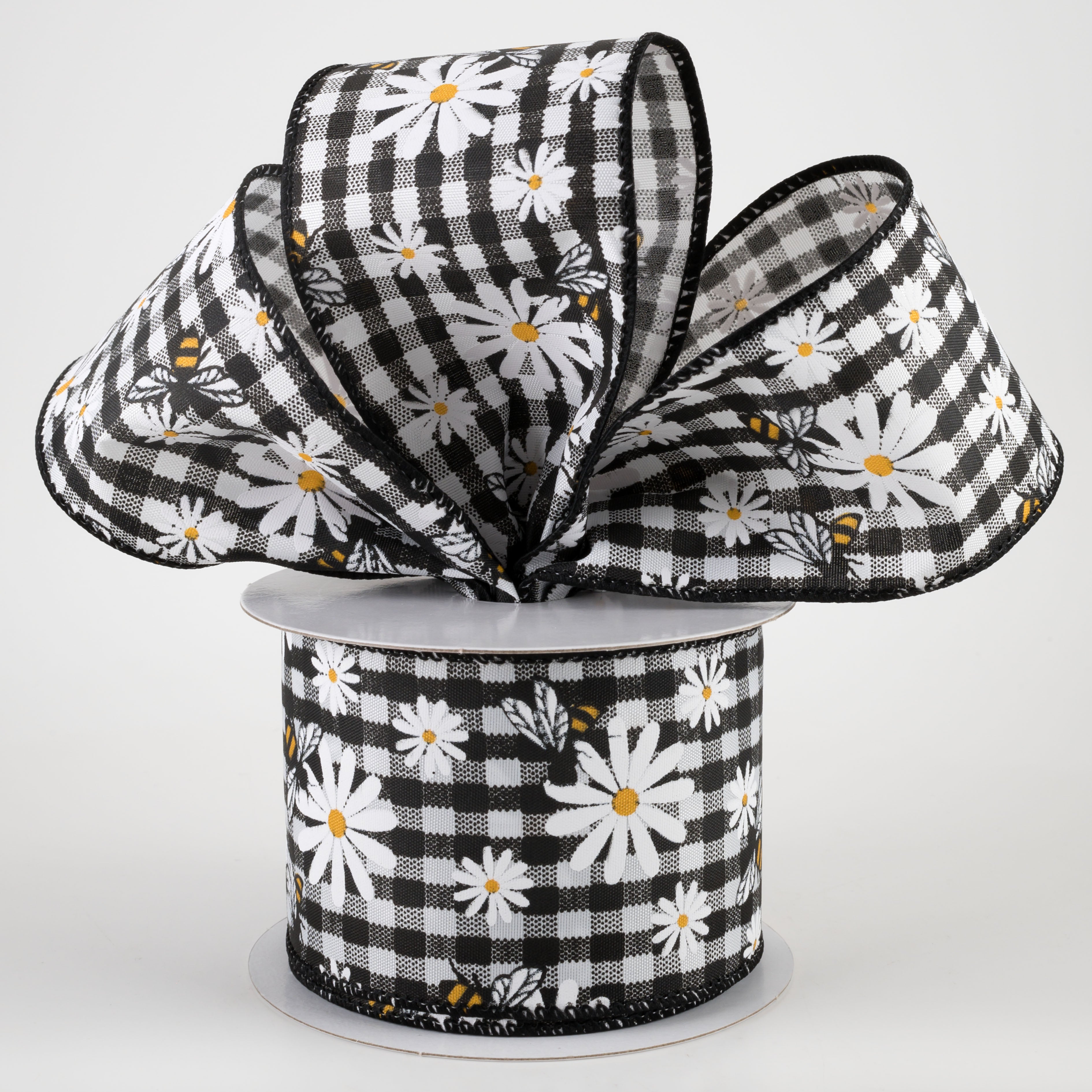 2.5" Daisies & Bees Ribbon: Black & White Gingham (10 Yards) Lifestyle Photo