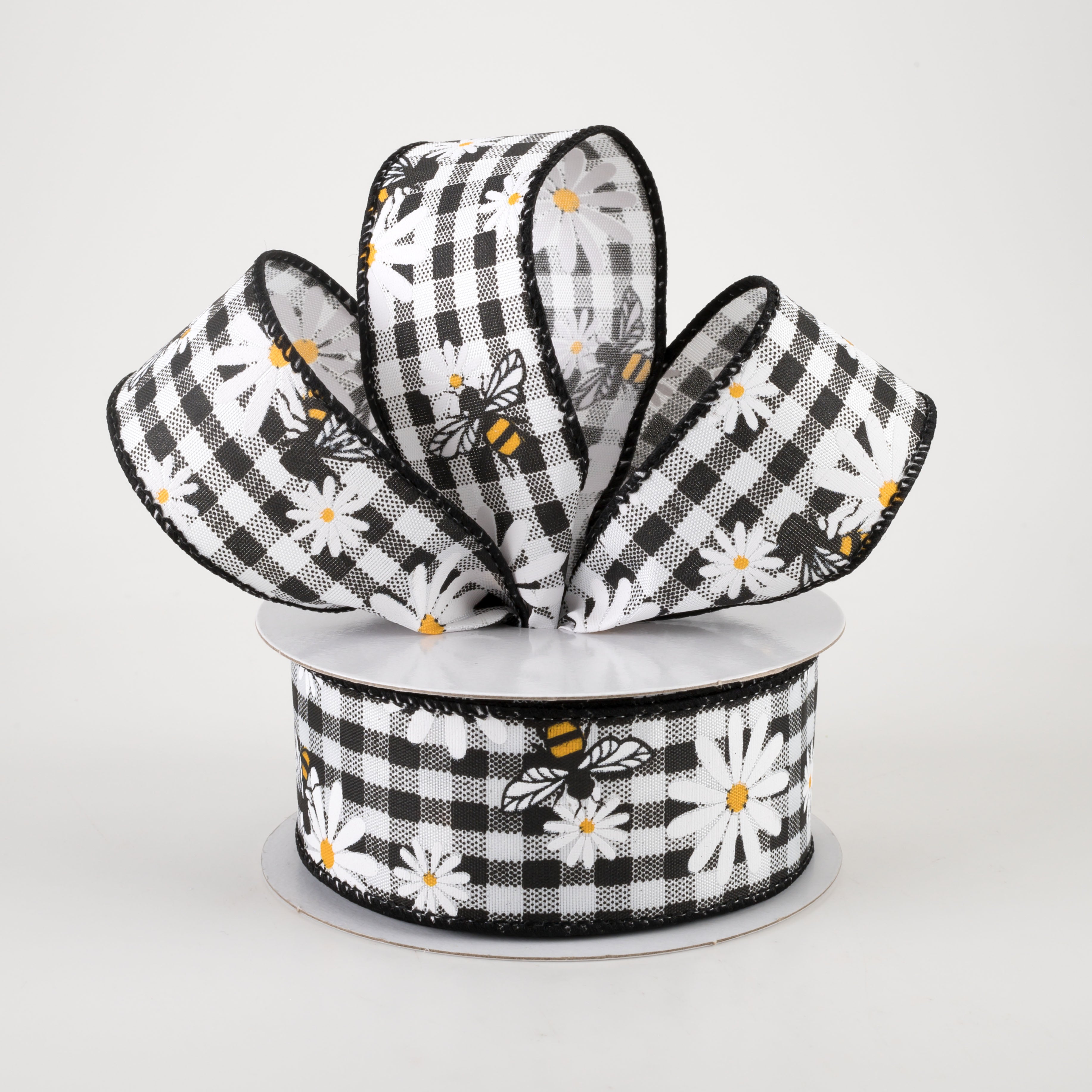 1.5" Daisies & Bees Ribbon: Black & White Gingham (10 Yards) Lifestyle Photo