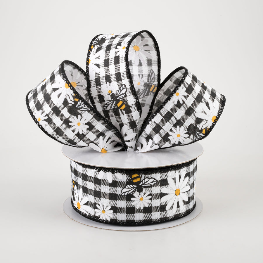 1.5" Daisies & Bees Ribbon: Black & White Gingham (10 Yards) Lifestyle Photo