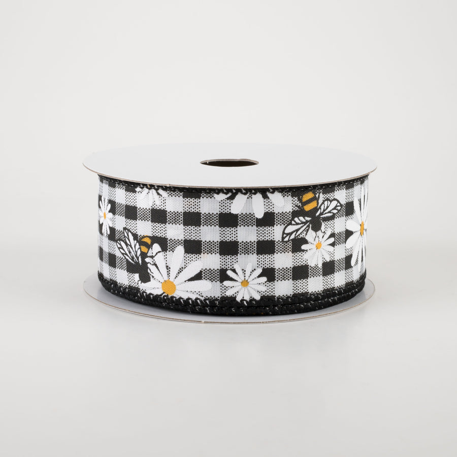 1.5" Daisies & Bees Ribbon: Black & White Gingham (10 Yards)