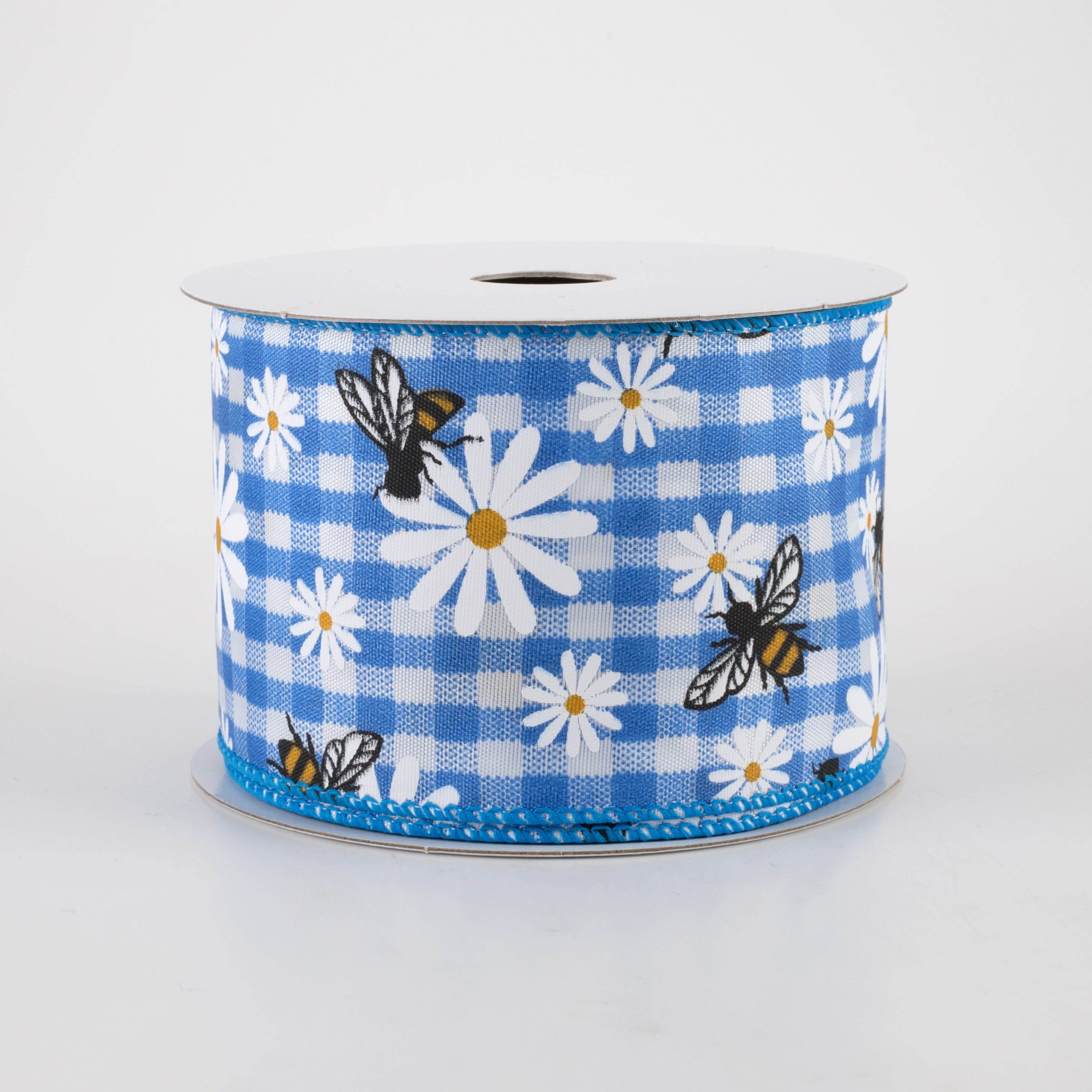 2.5" Daisies & Bees Ribbon: Cobalt Blue Gingham (10 Yards)