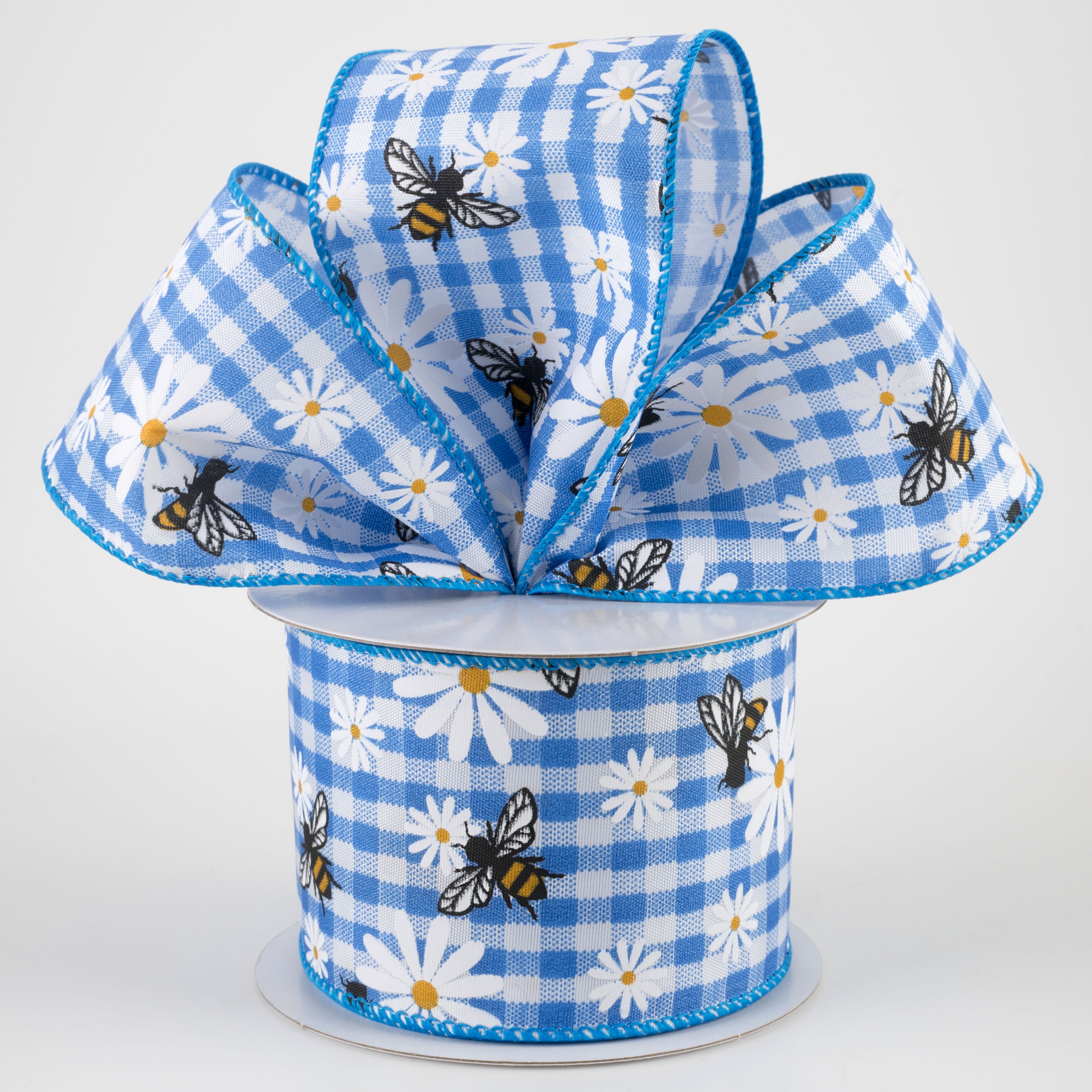 2.5" Daisies & Bees Ribbon: Cobalt Blue Gingham (10 Yards) Lifestyle Photo