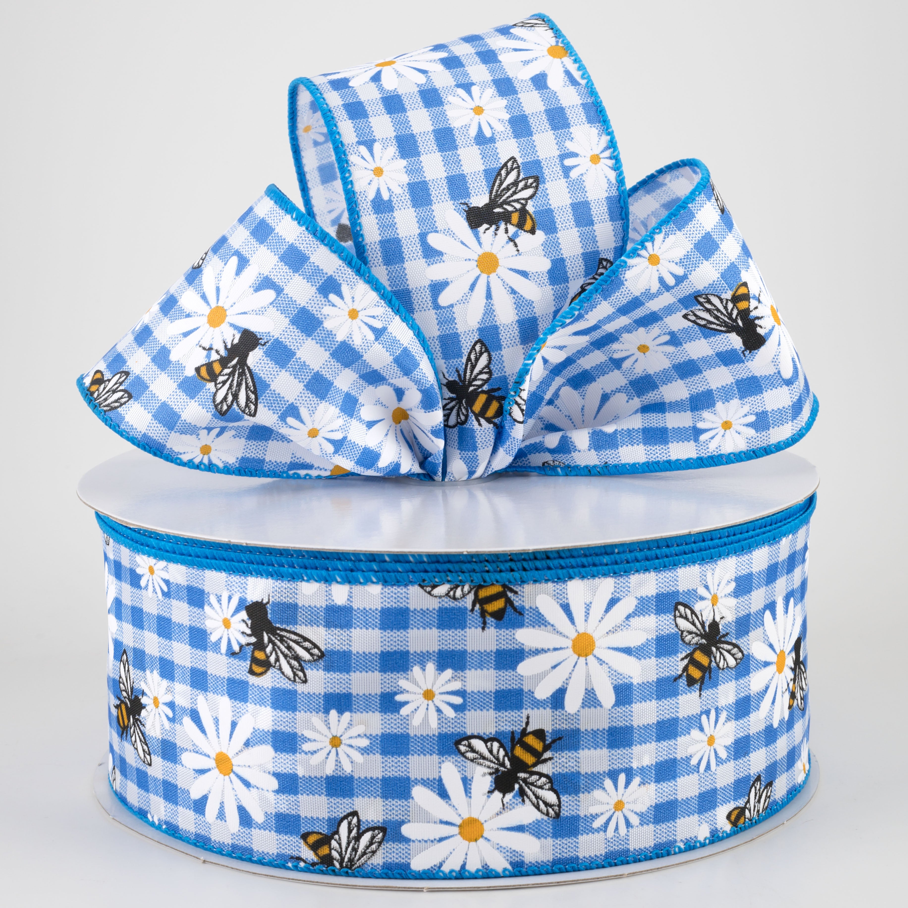 2.5" Daisies & Bees Ribbon: Cobalt Blue Gingham (50 Yards) Lifestyle Photo