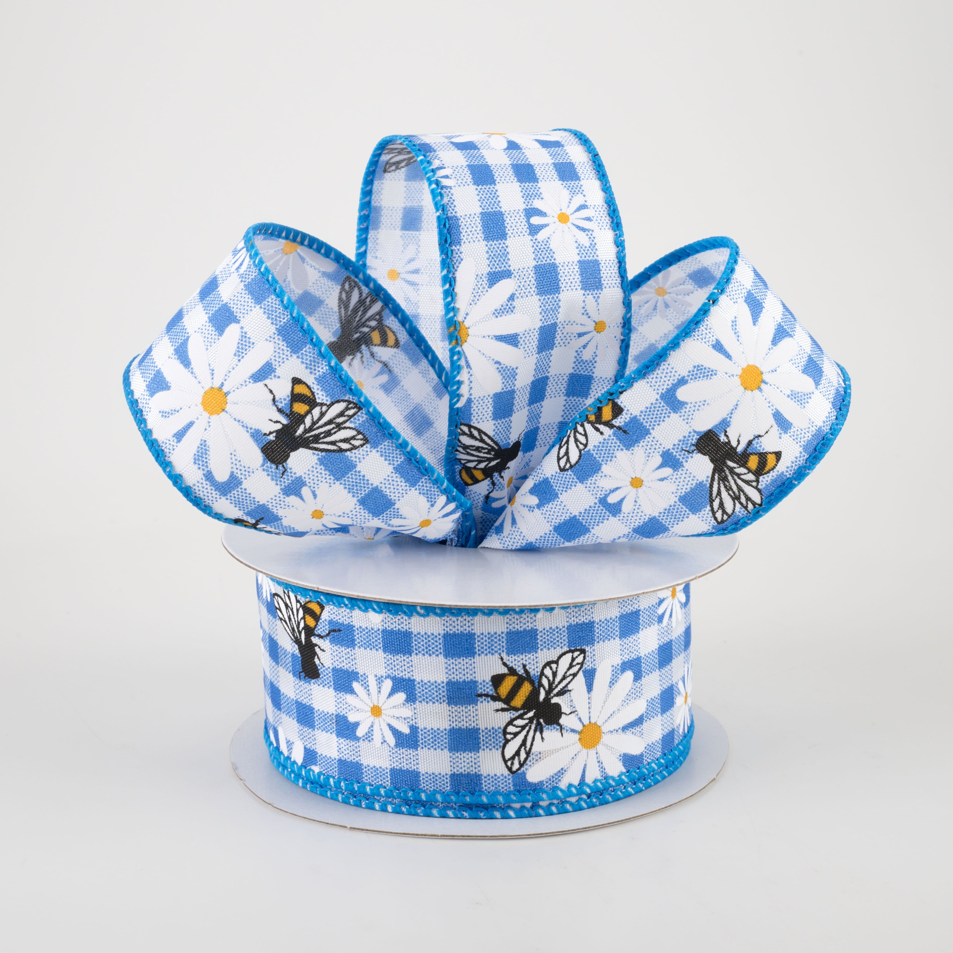 1.5" Daisies & Bees Ribbon: Cobalt Blue Gingham (10 Yards) Lifestyle Photo