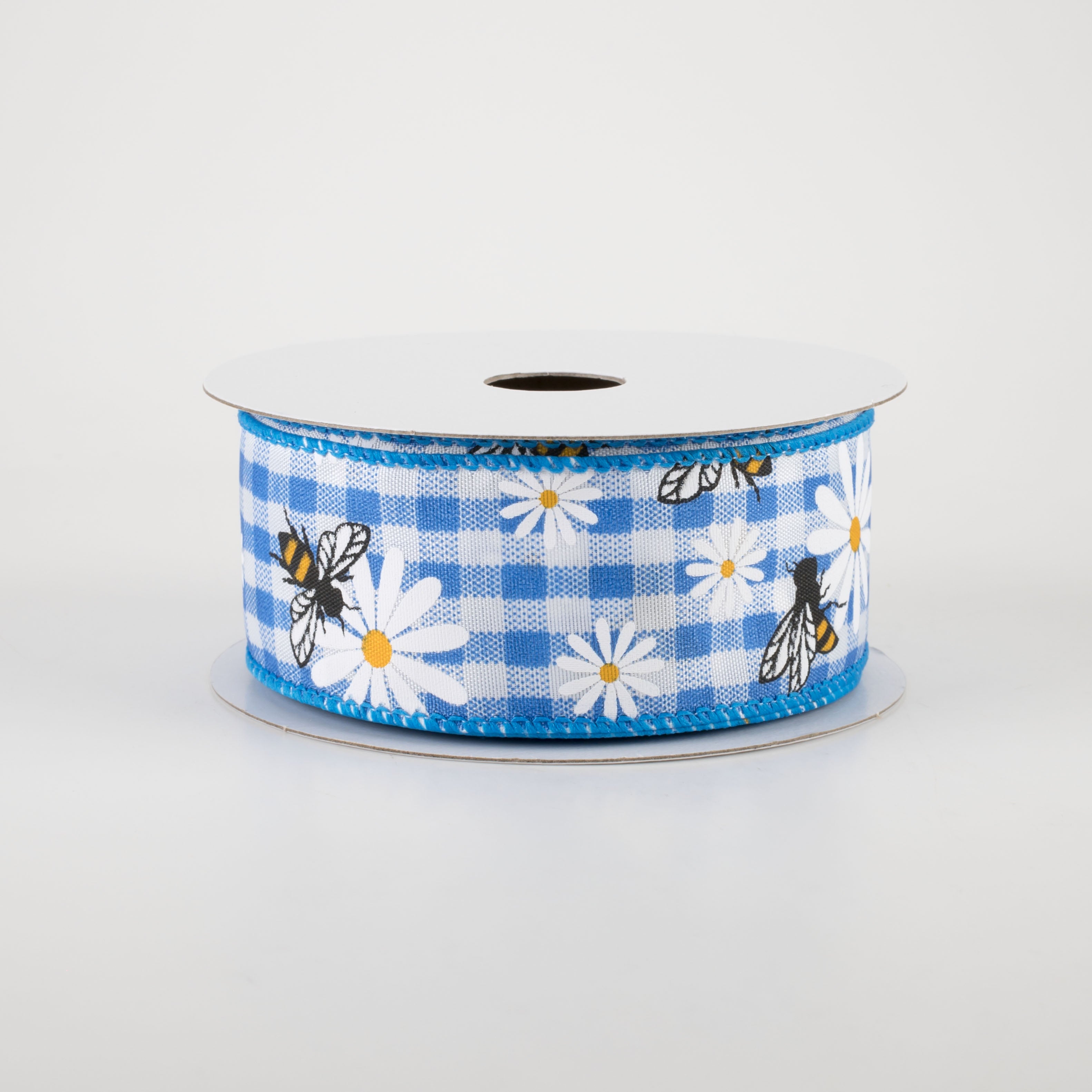1.5" Daisies & Bees Ribbon: Cobalt Blue Gingham (10 Yards)