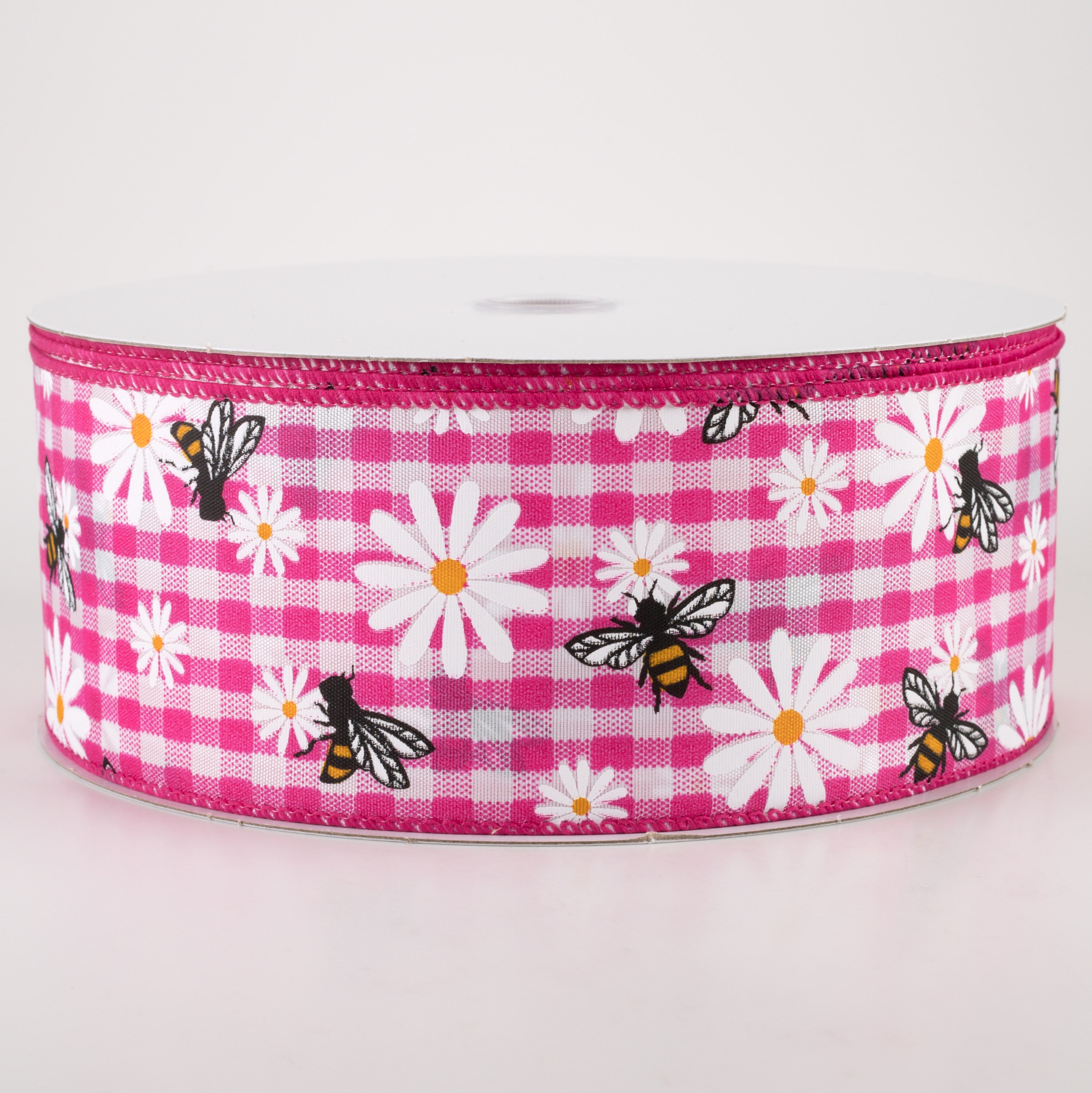 2.5" Daisies & Bees Ribbon: Fuchsia Pink Gingham (50 Yards) Item Number: 841-40-212