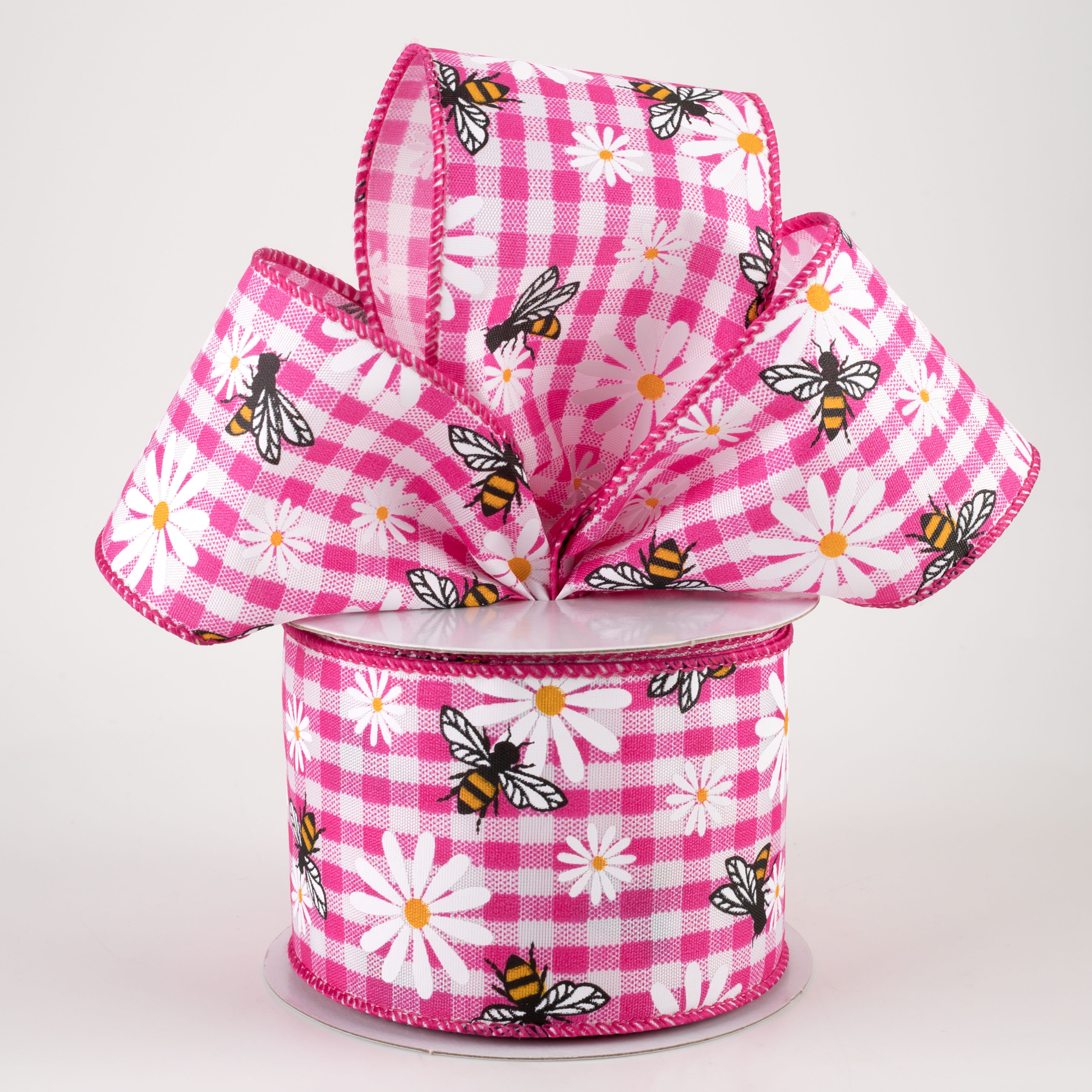2.5" Daisies & Bees Ribbon: Fuchsia Pink Gingham (10 Yards) Lifestyle Photo