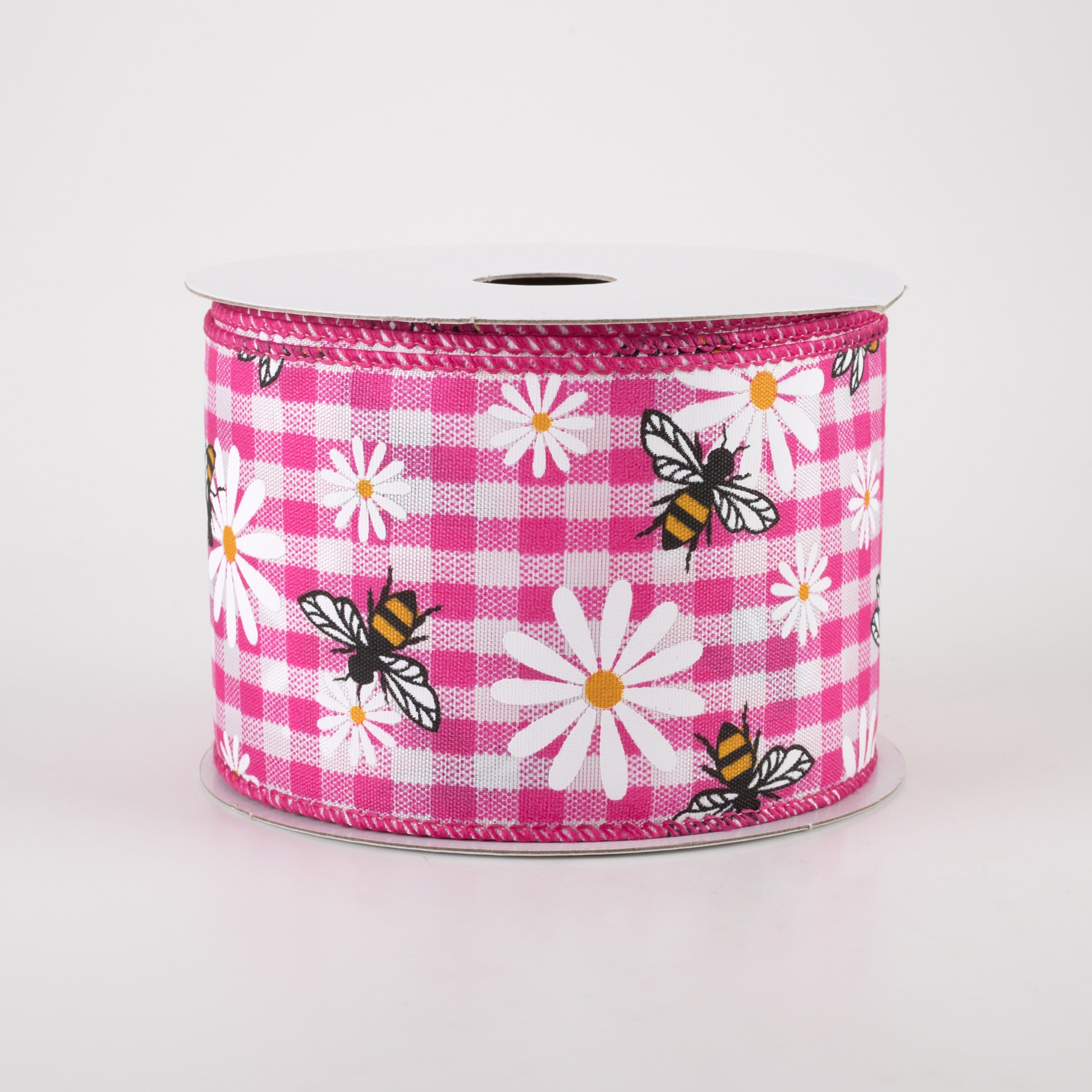 2.5" Daisies & Bees Ribbon: Fuchsia Pink Gingham (10 Yards)