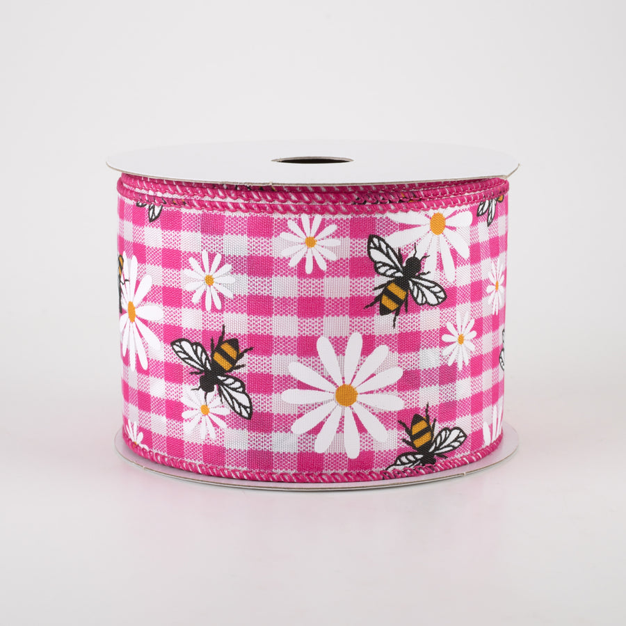 2.5" Daisies & Bees Ribbon: Fuchsia Pink Gingham (10 Yards)