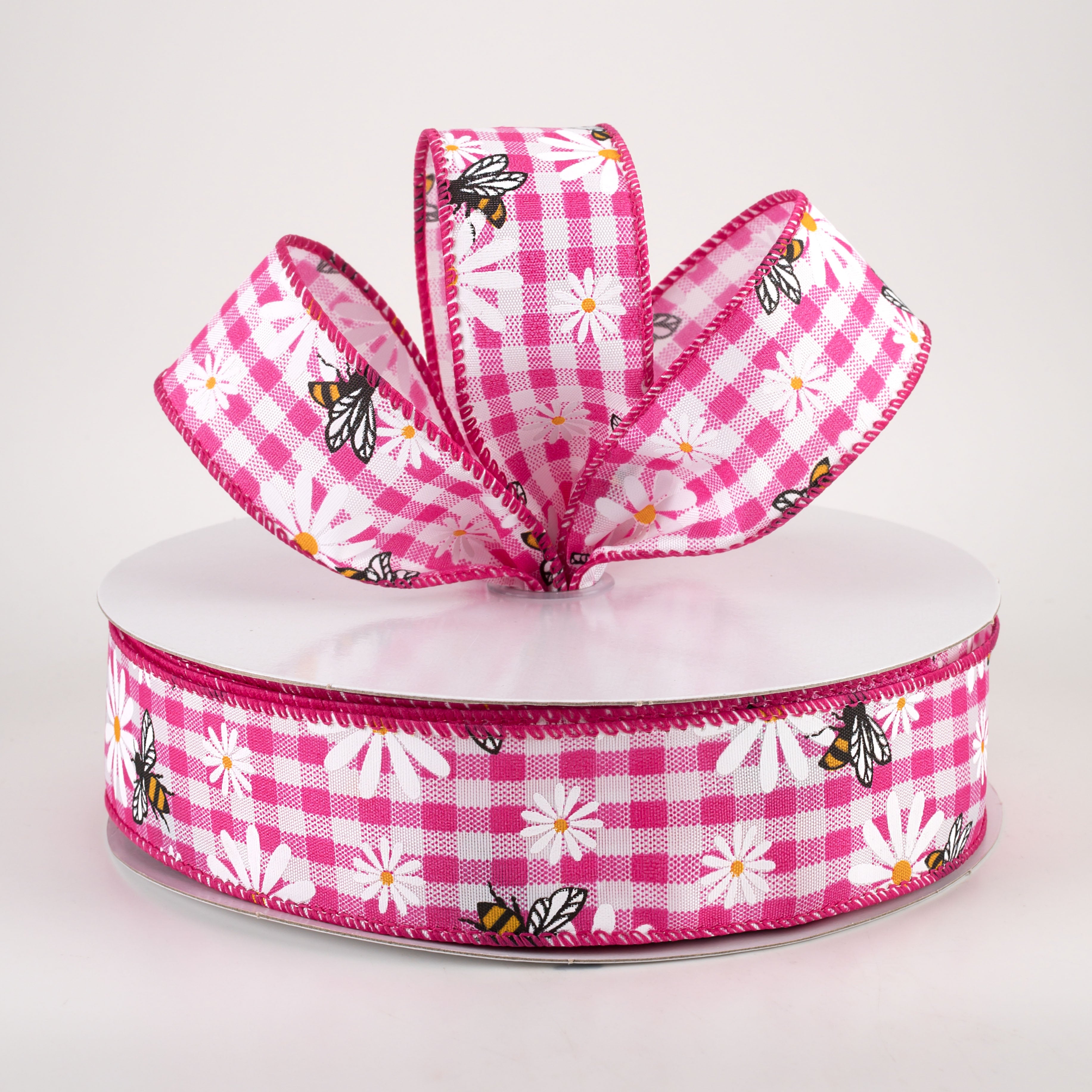 1.5" Daisies & Bees Ribbon: Fuchsia & White Gingham (50 Yards) Lifestyle Photo