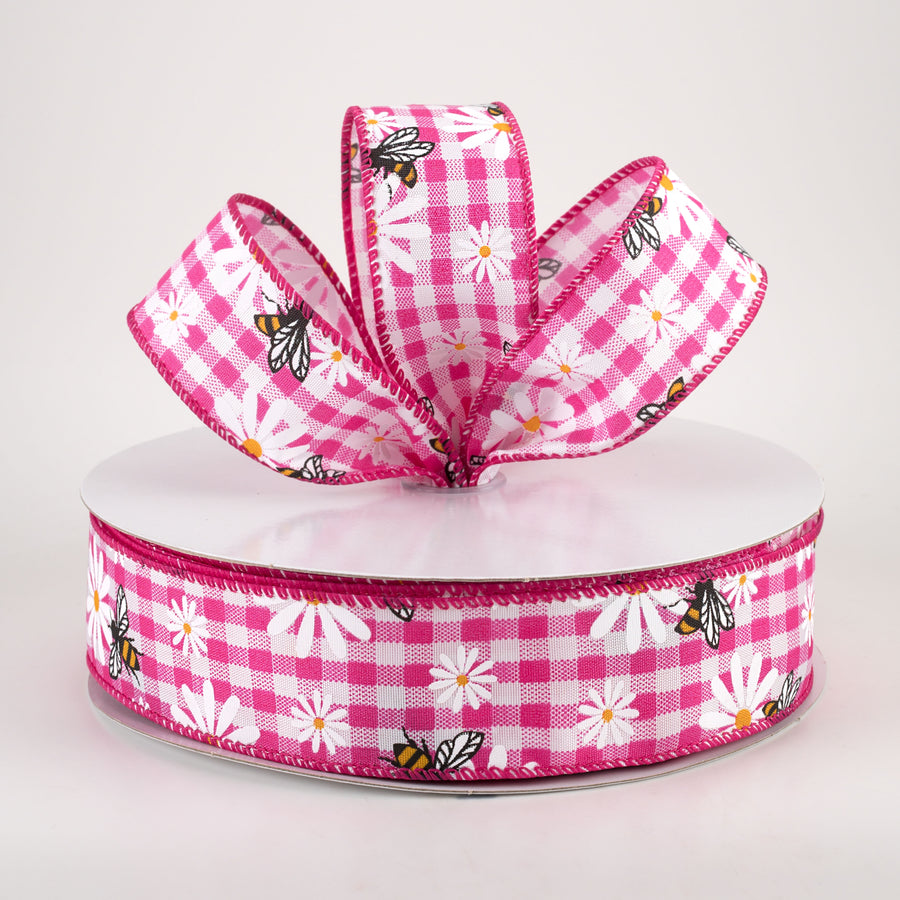 1.5" Daisies & Bees Ribbon: Fuchsia & White Gingham (50 Yards) Lifestyle Photo