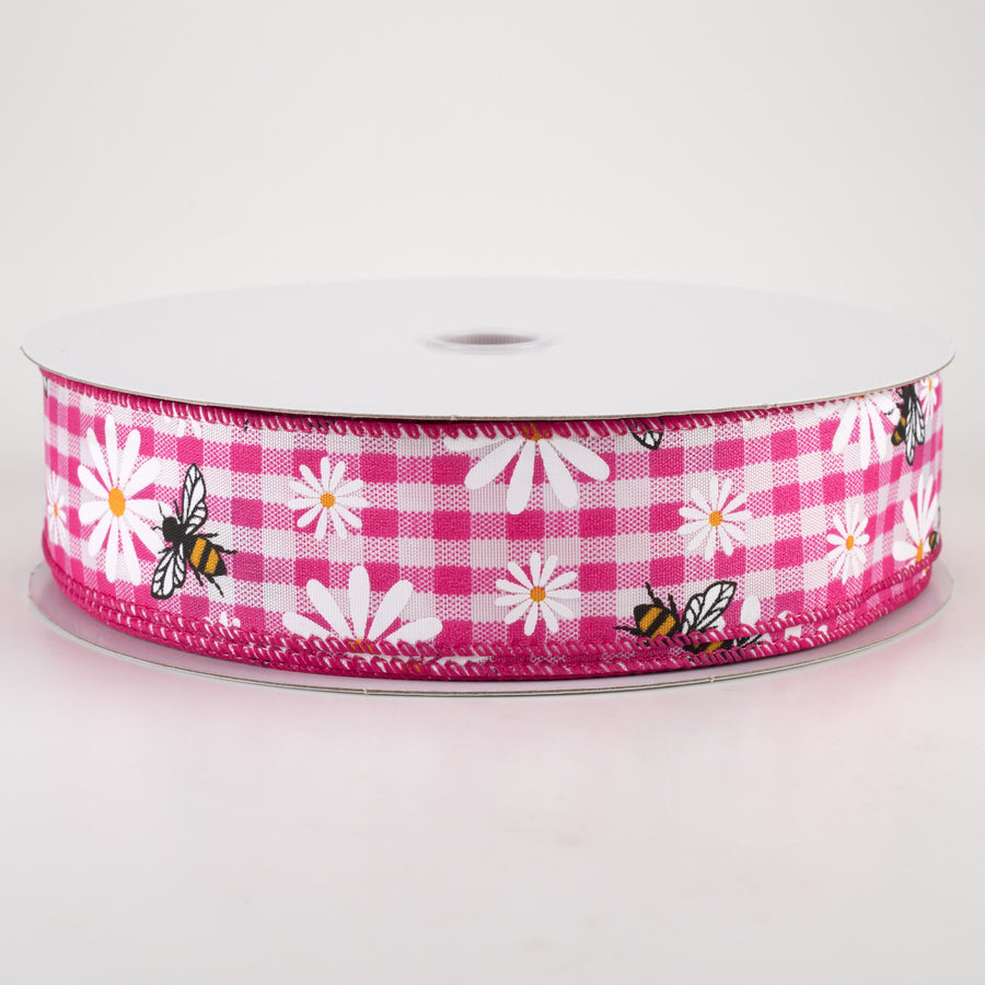 1.5" Daisies & Bees Ribbon: Fuchsia & White Gingham (50 Yards) Item Number: 841-09-212