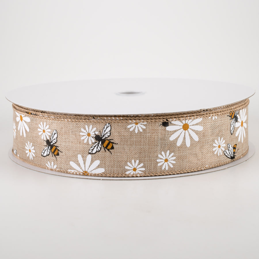 1.5" Daisies & Bees Ribbon: Natural Linen (50 Yards) Item Number: 841-09-215
