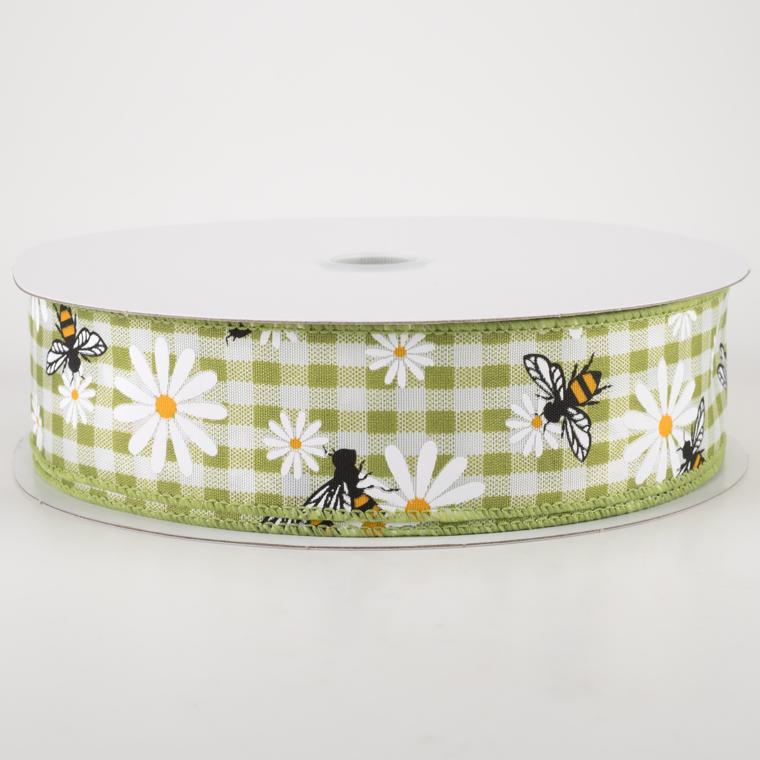 1.5" Daisies & Bees Ribbon: Sage Green Gingham (50 Yards)