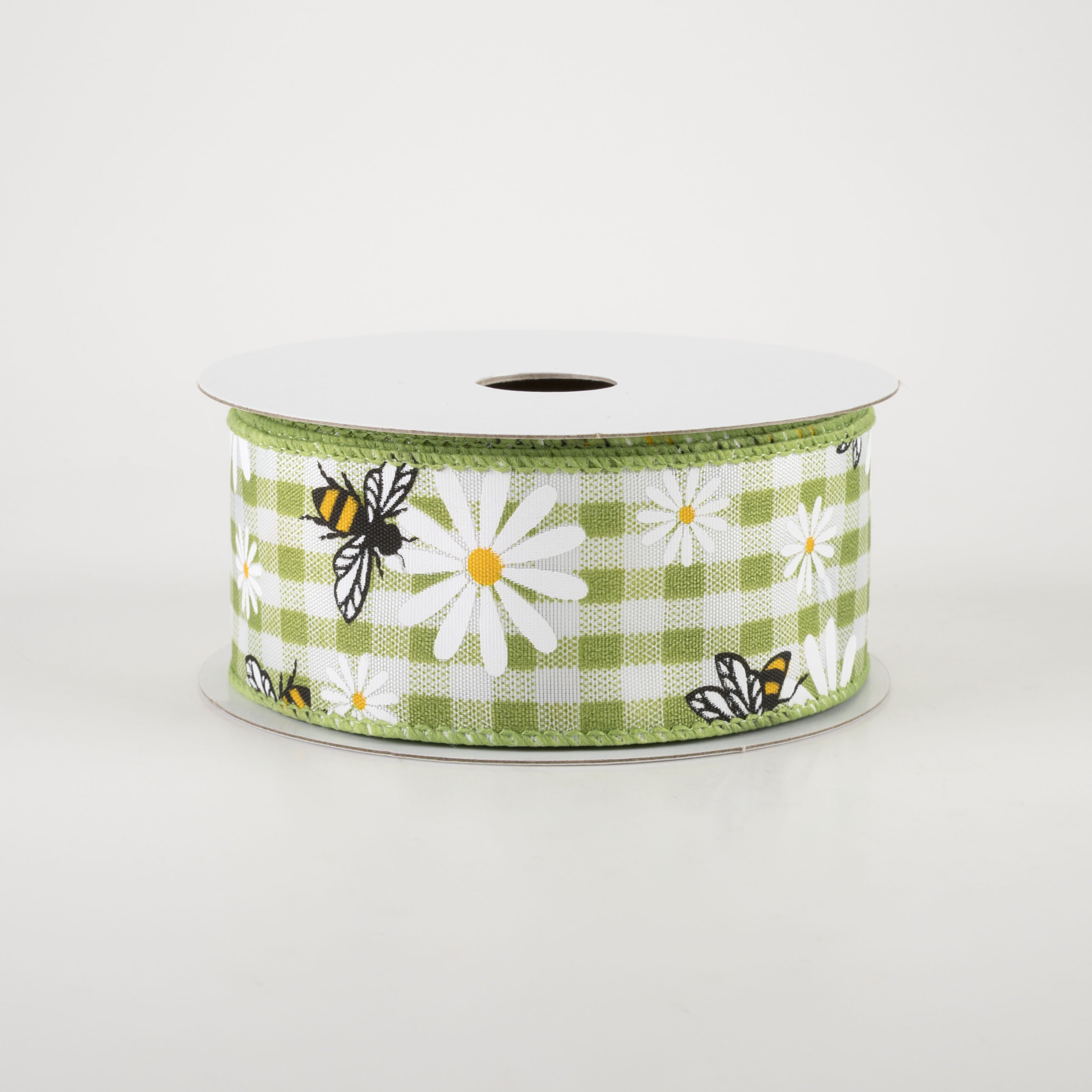 1.5" Daisies & Bees Ribbon: Sage Green Gingham (10 Yards) Item Number: 41232-09-29