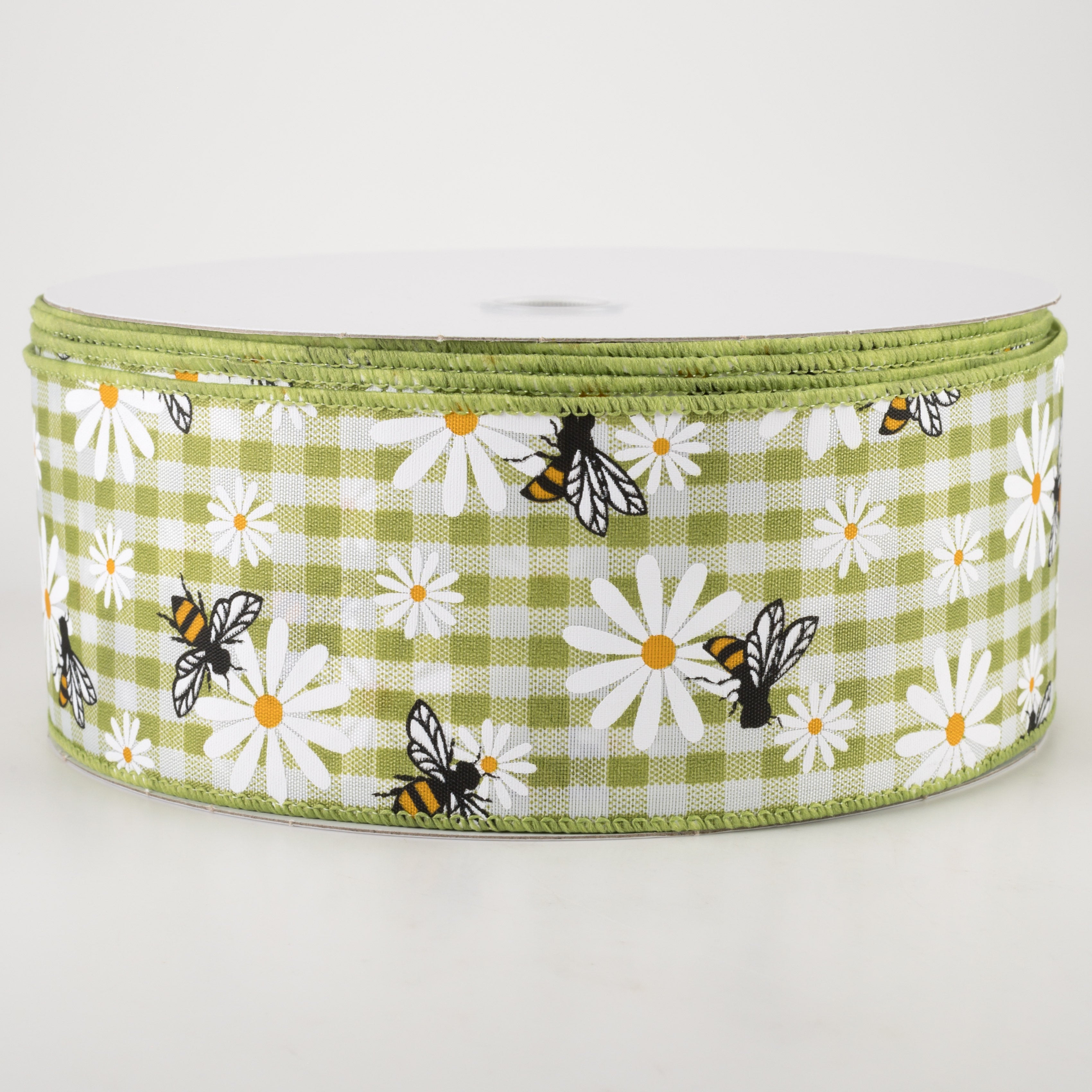 2.5" Daisies & Bees Ribbon: Sage Green Gingham (50 Yards) Item Number: 841-40-214