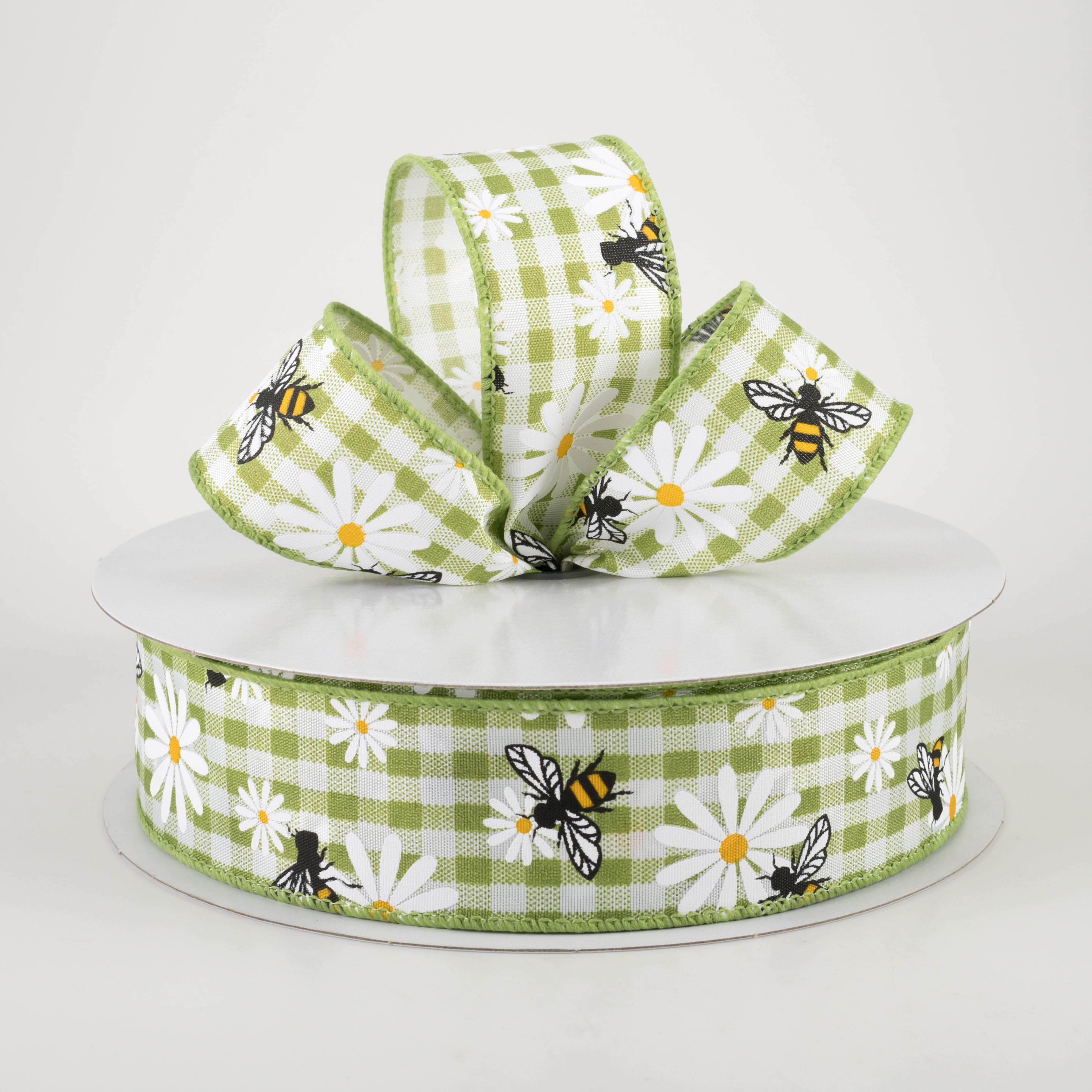 1.5" Daisies & Bees Ribbon: Sage Green Gingham (50 Yards) Lifestyle Photo