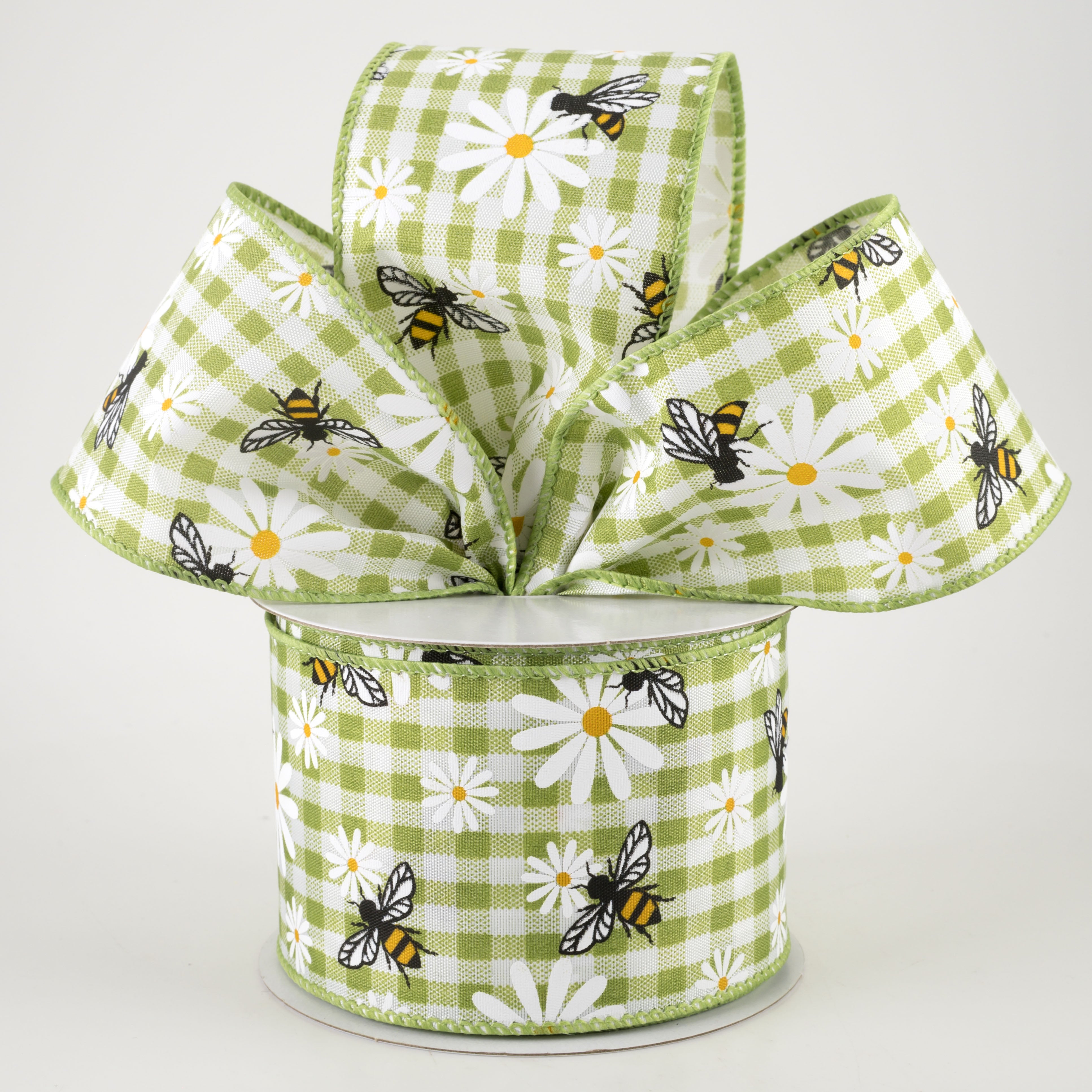 2.5" Daisies & Bees Ribbon: Sage Green Gingham (10 Yards) Lifestyle Photo
