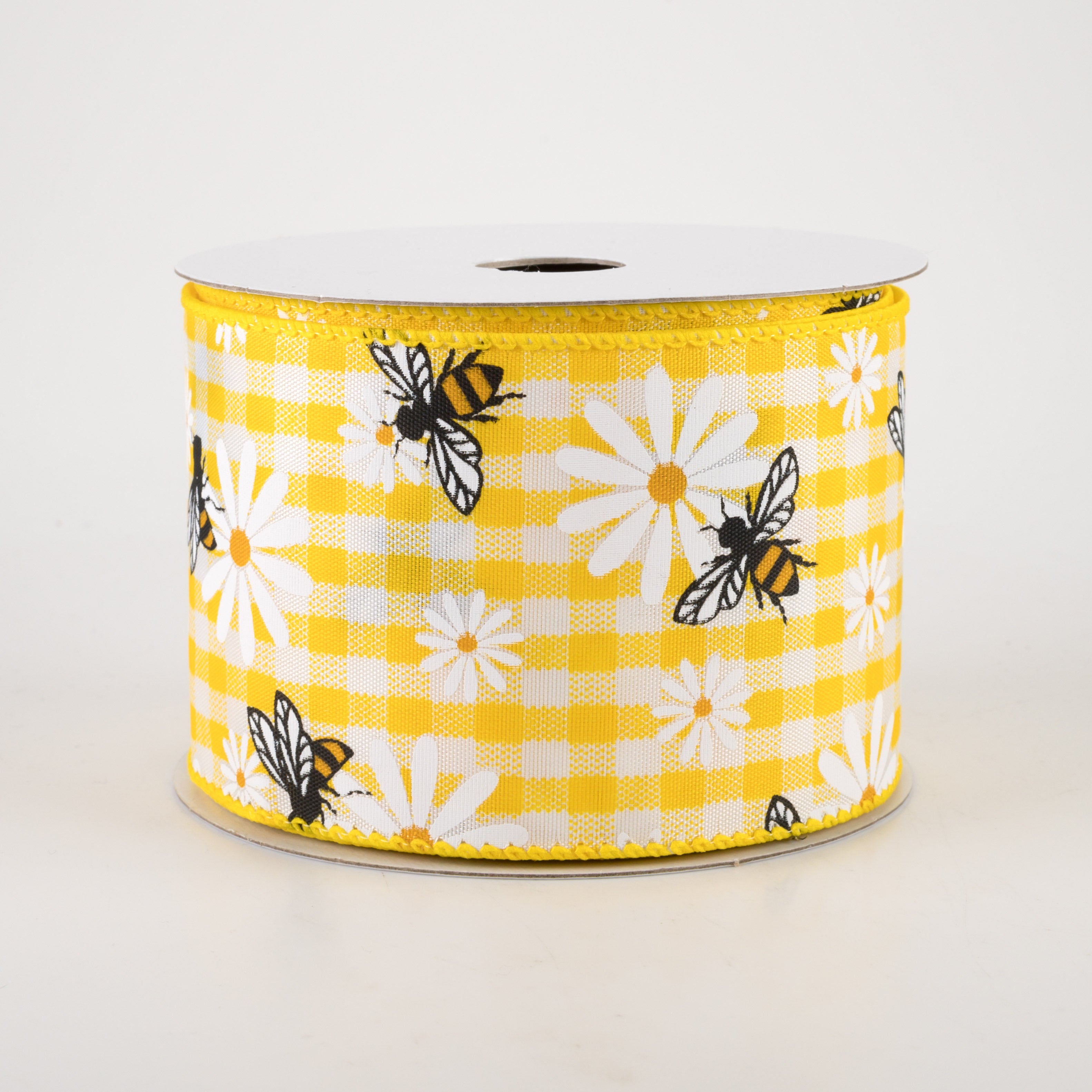 2.5" Daisies & Bees Ribbon: Yellow Gingham (10 Yards)