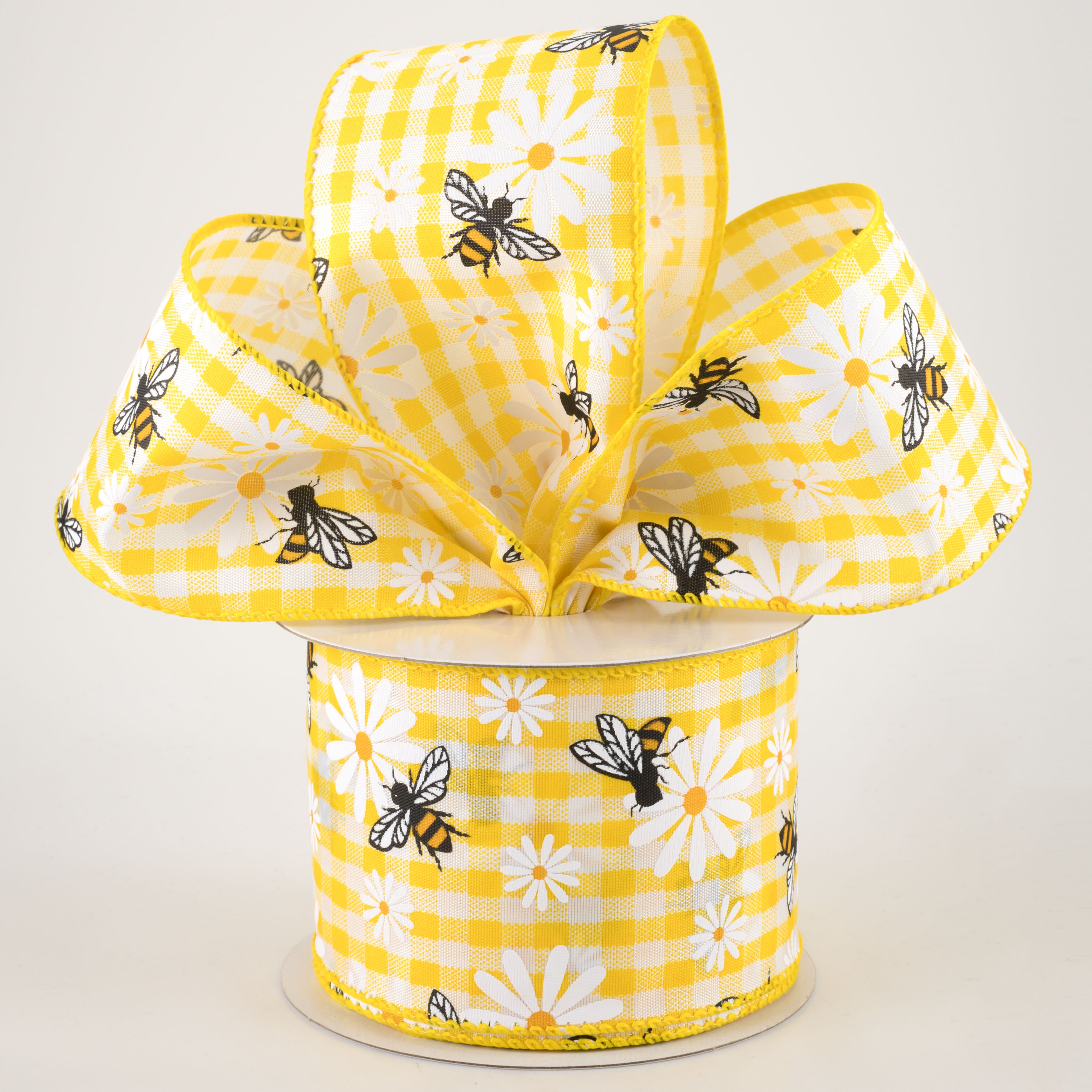 2.5" Daisies & Bees Ribbon: Yellow Gingham (10 Yards) Lifestyle Photo