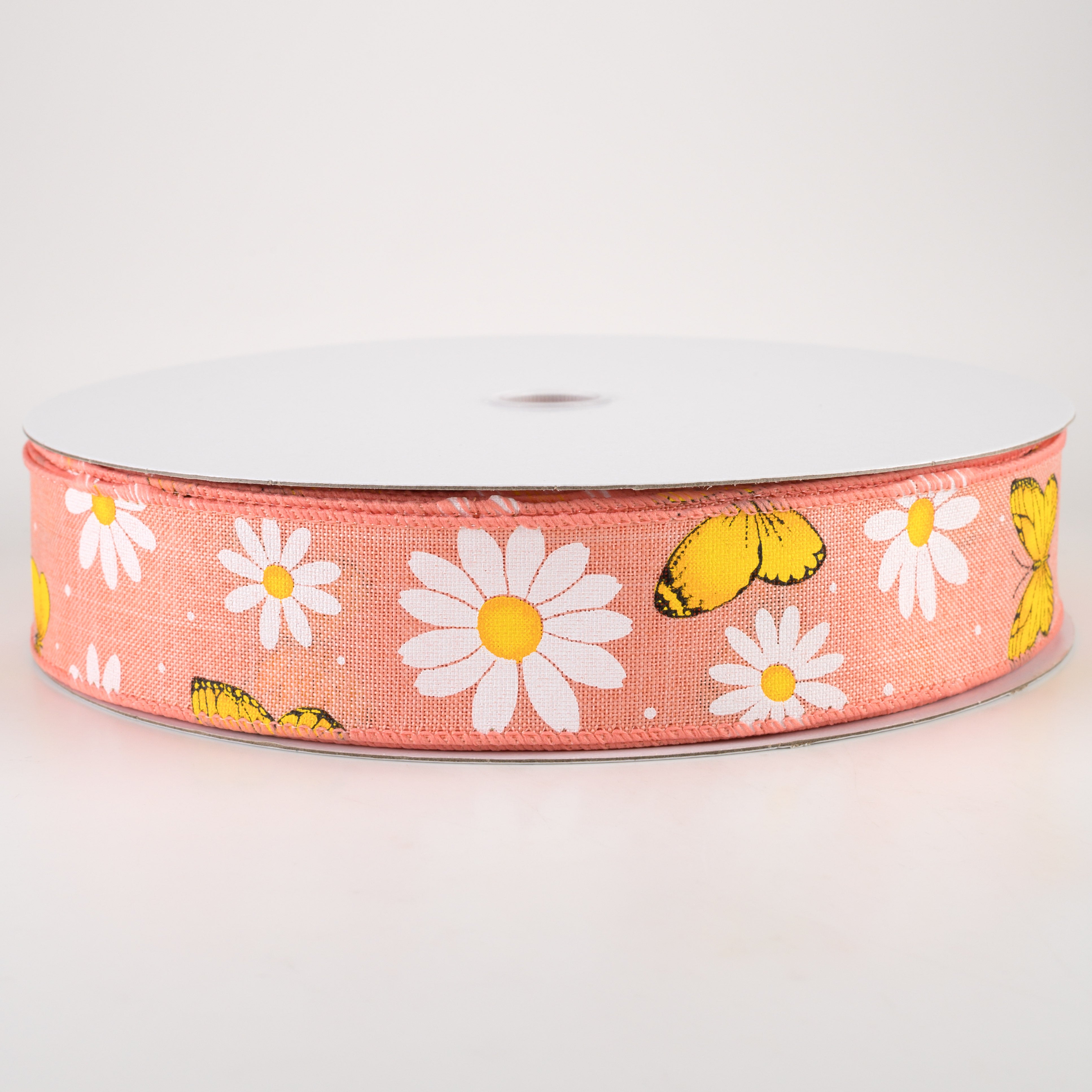 1.5" Daisies & Butterflies Linen Ribbon: Coral (50 Yards) Item Number: 841-09-233
