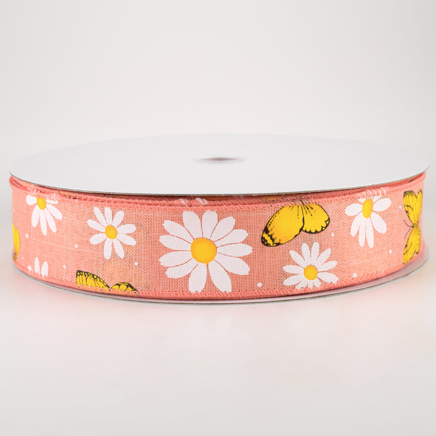 1.5" Daisies & Butterflies Linen Ribbon: Coral (50 Yards) Item Number: 841-09-233