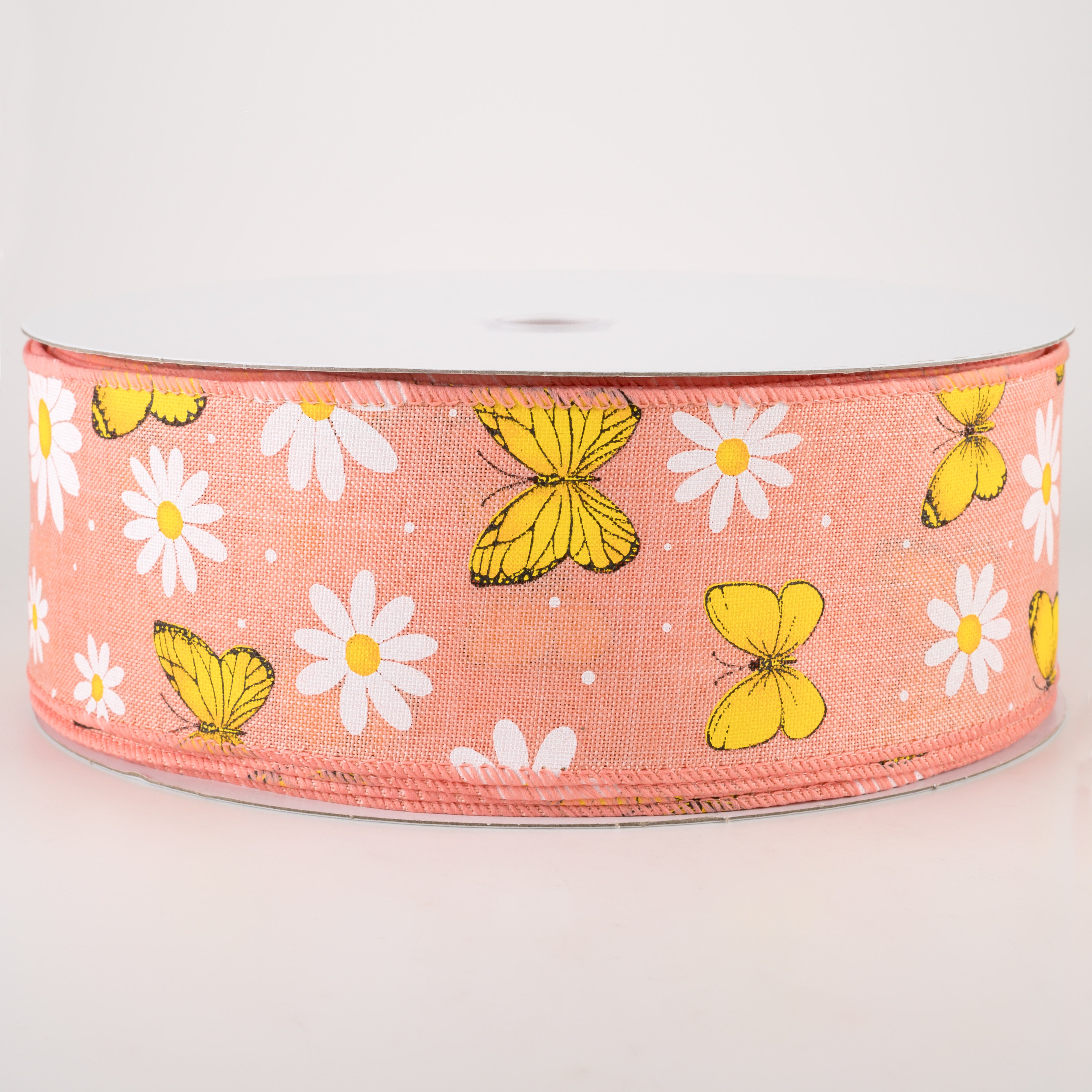 2.5" Daisies & Butterflies Linen Ribbon: Coral (50 Yards) Item Number: 841-40-233