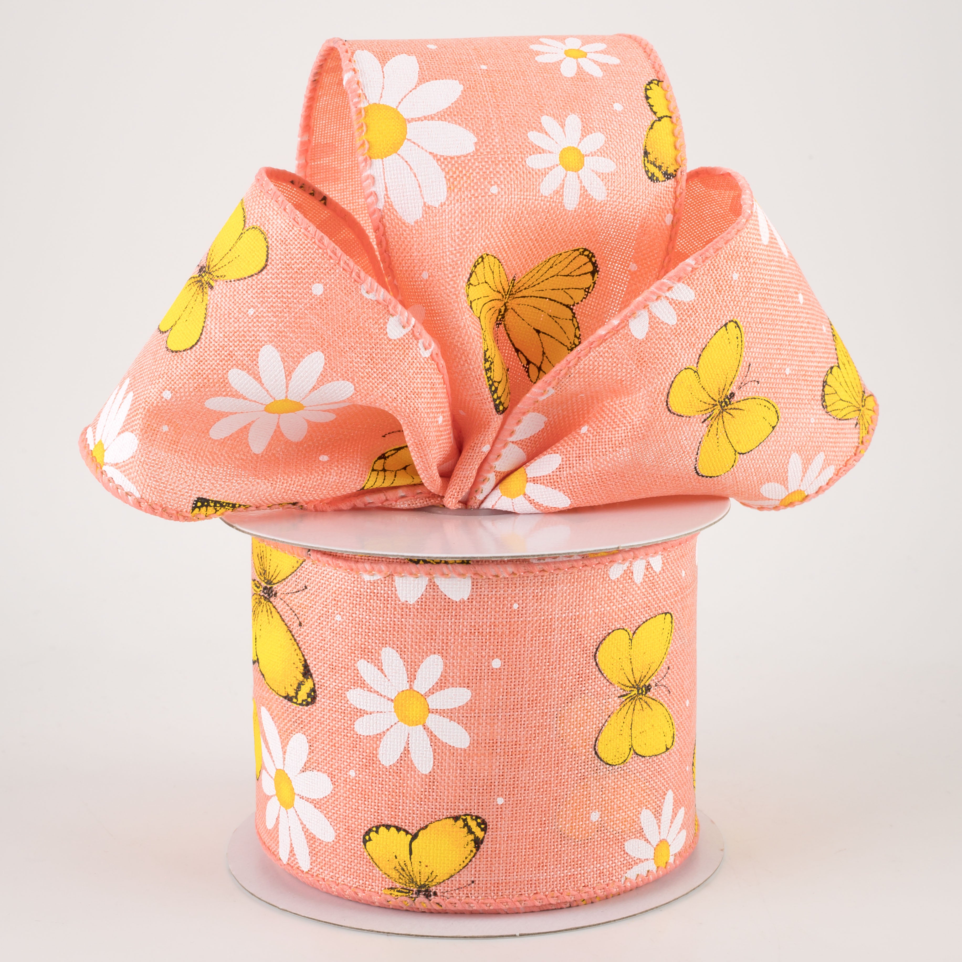 2.5" Daisies & Butterflies Linen Ribbon: Coral (10 Yards) Lifestyle Photo