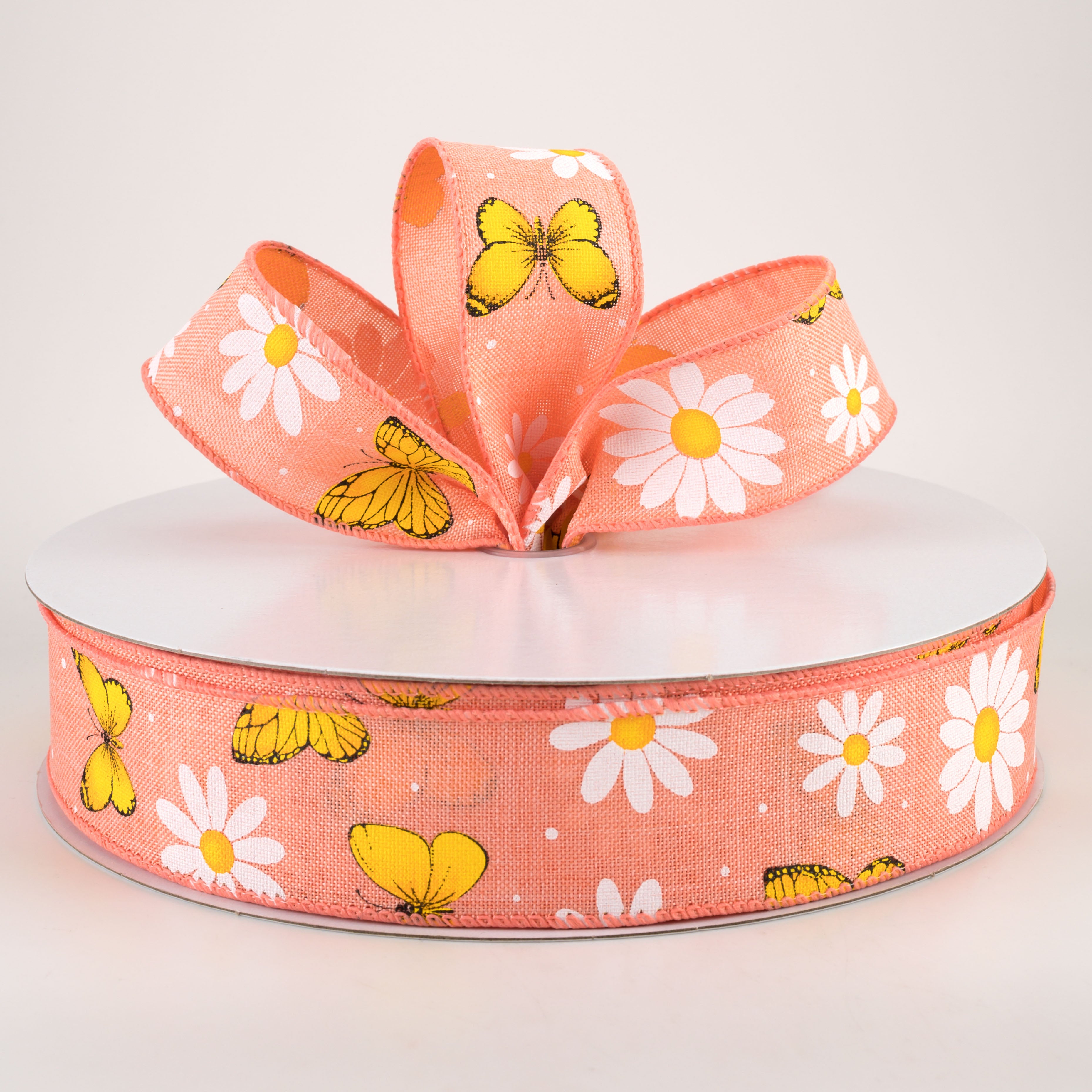 1.5" Daisies & Butterflies Linen Ribbon: Coral (50 Yards) Lifestyle Photo