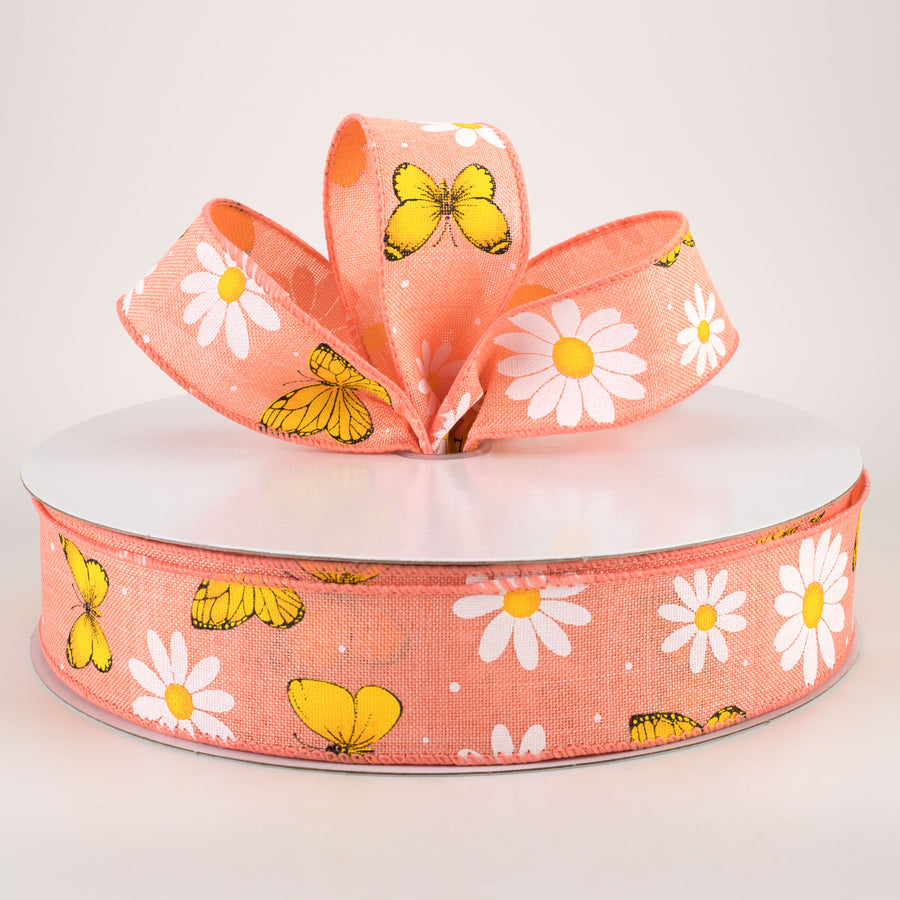 1.5" Daisies & Butterflies Linen Ribbon: Coral (50 Yards) Lifestyle Photo