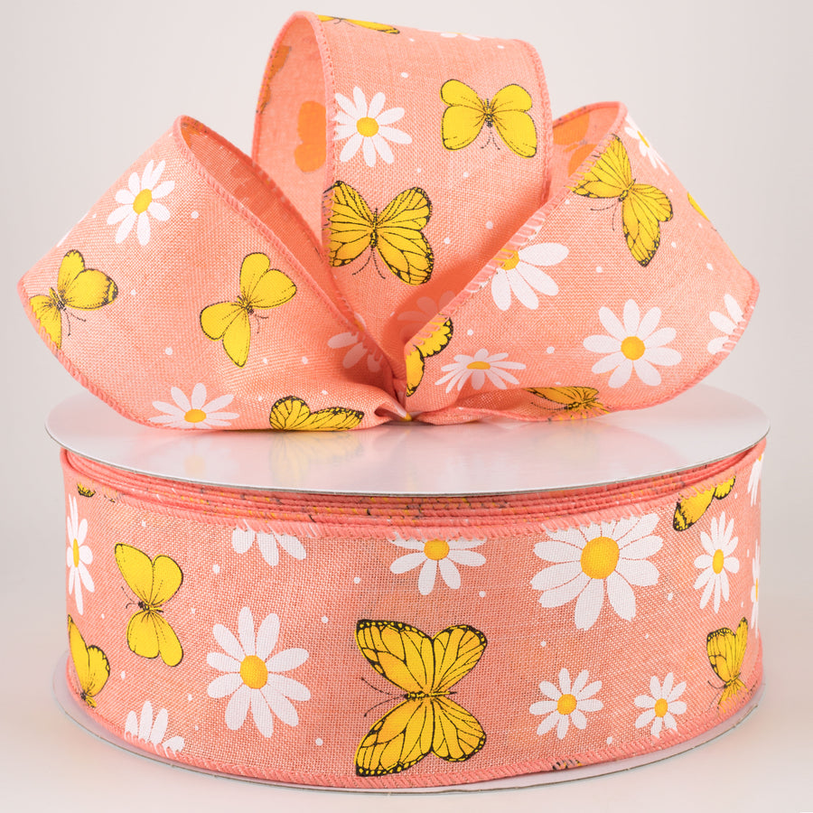 2.5" Daisies & Butterflies Linen Ribbon: Coral (50 Yards) Lifestyle Photo
