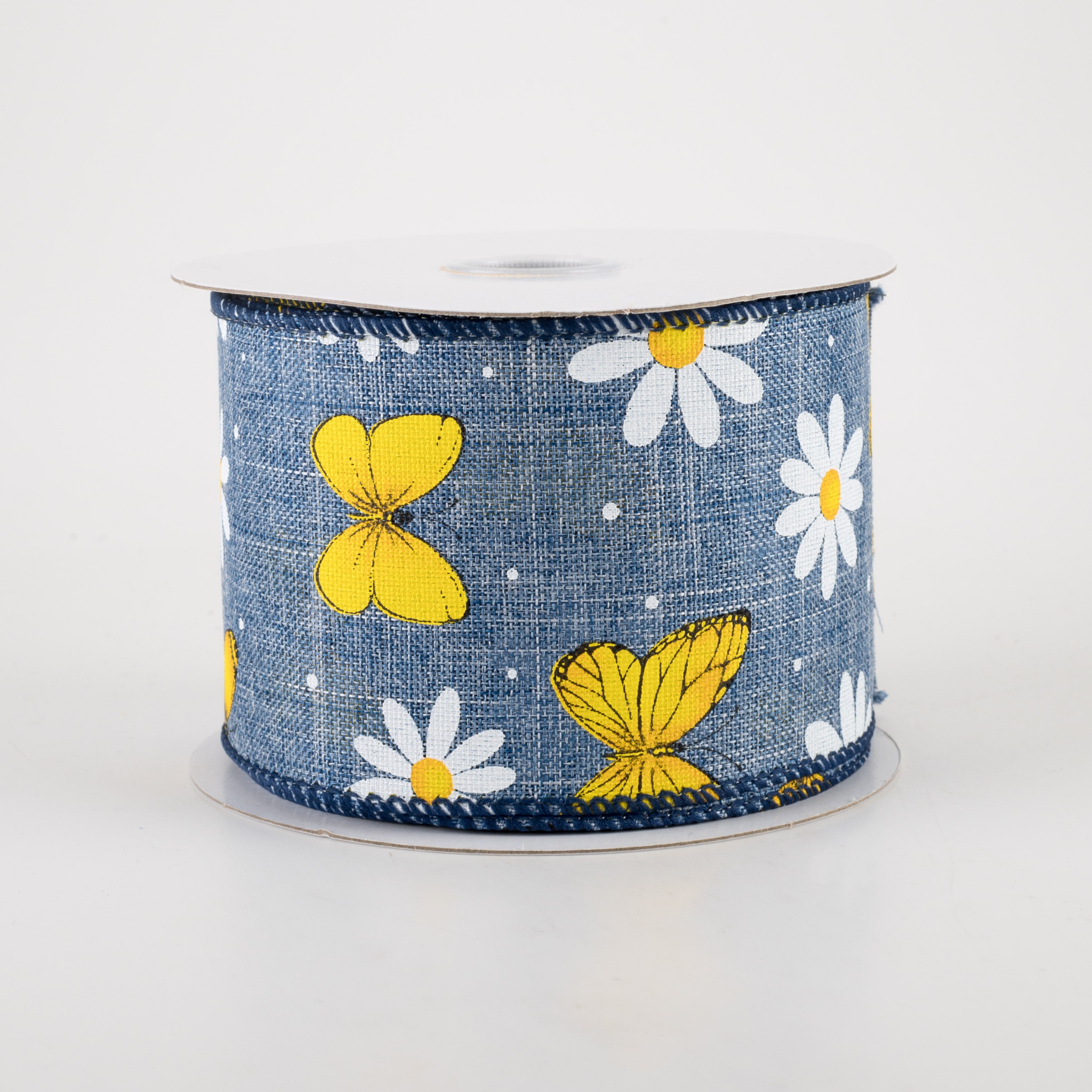 2.5" Daisies & Butterflies Linen Ribbon: Denim Blue (10 Yards) Item Number: 41264-40-27