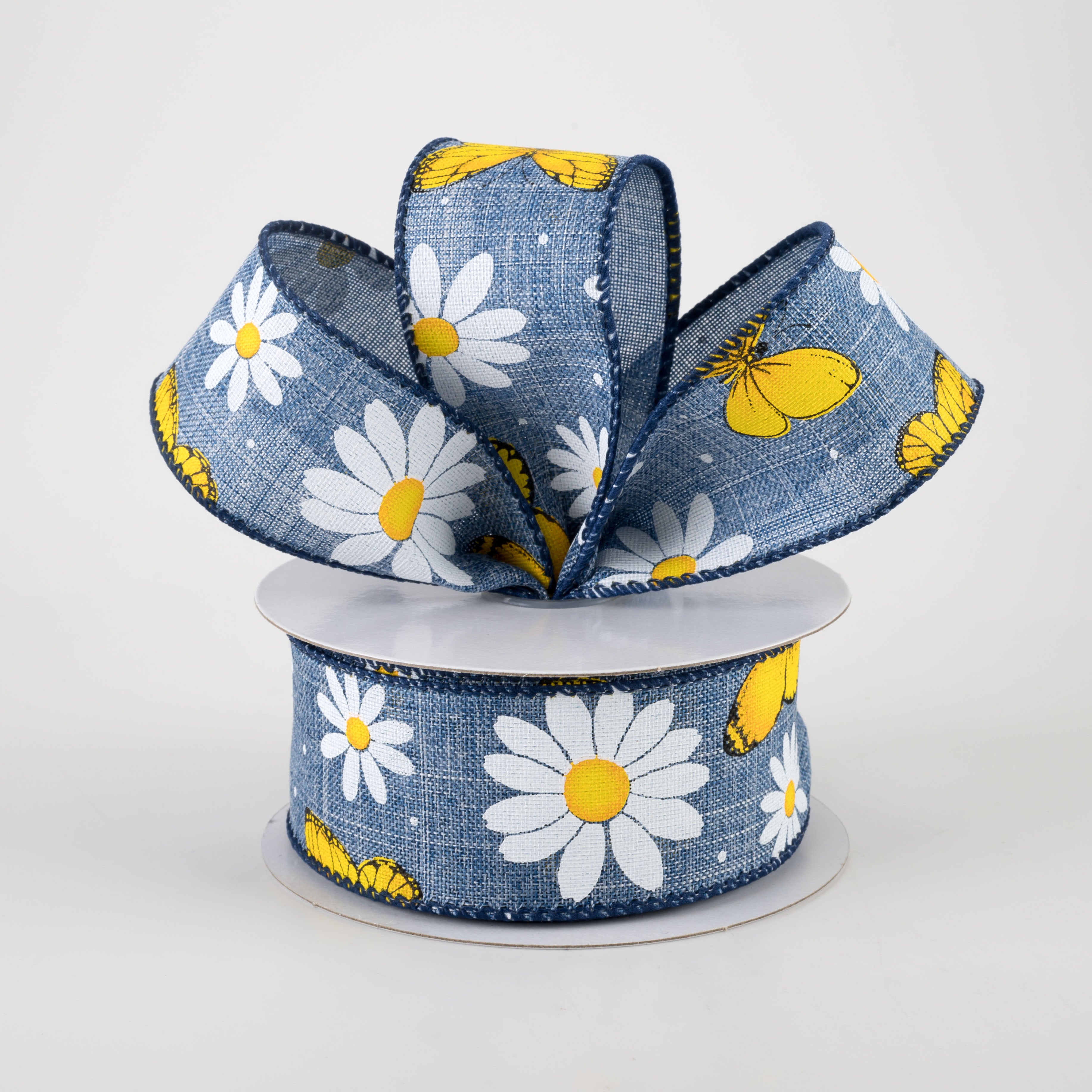 1.5" Daisies & Butterflies Linen Ribbon: Denim Blue (10 Yards) Lifestyle Photo