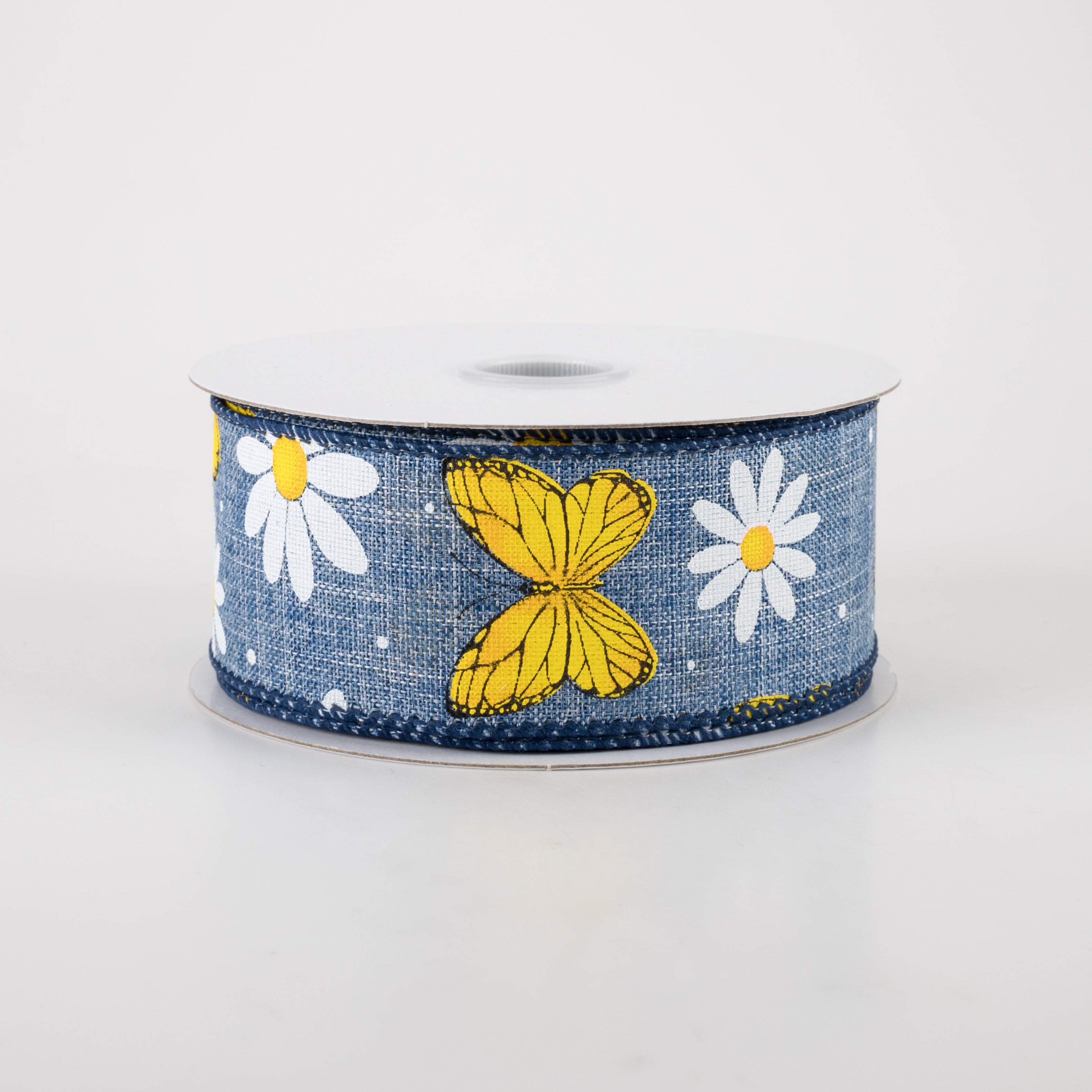 1.5" Daisies & Butterflies Linen Ribbon: Denim Blue (10 Yards)