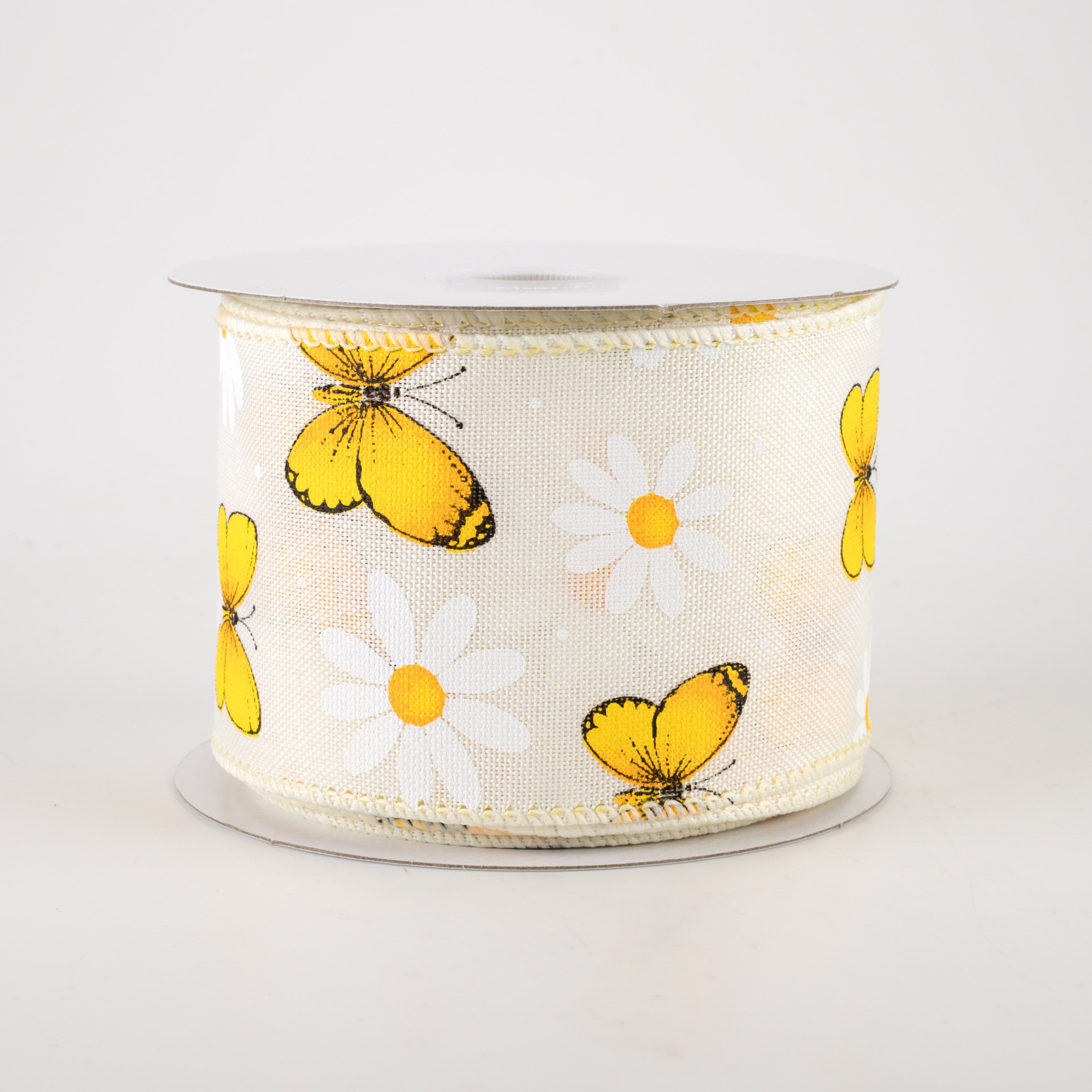 2.5" Daisies & Butterflies Linen Ribbon: Ivory (10 Yards) Item Number: 41264-40-18