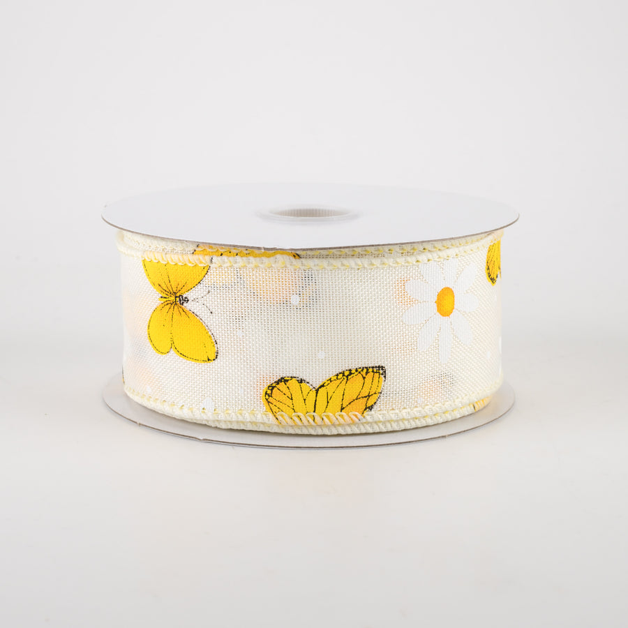 1.5" Daisies & Butterflies Linen Ribbon: Ivory (10 Yards)