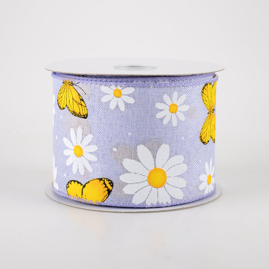 2.5" Daisies & Butterflies Linen Ribbon: Lavender (10 Yards) Item Number: 41264-40-30