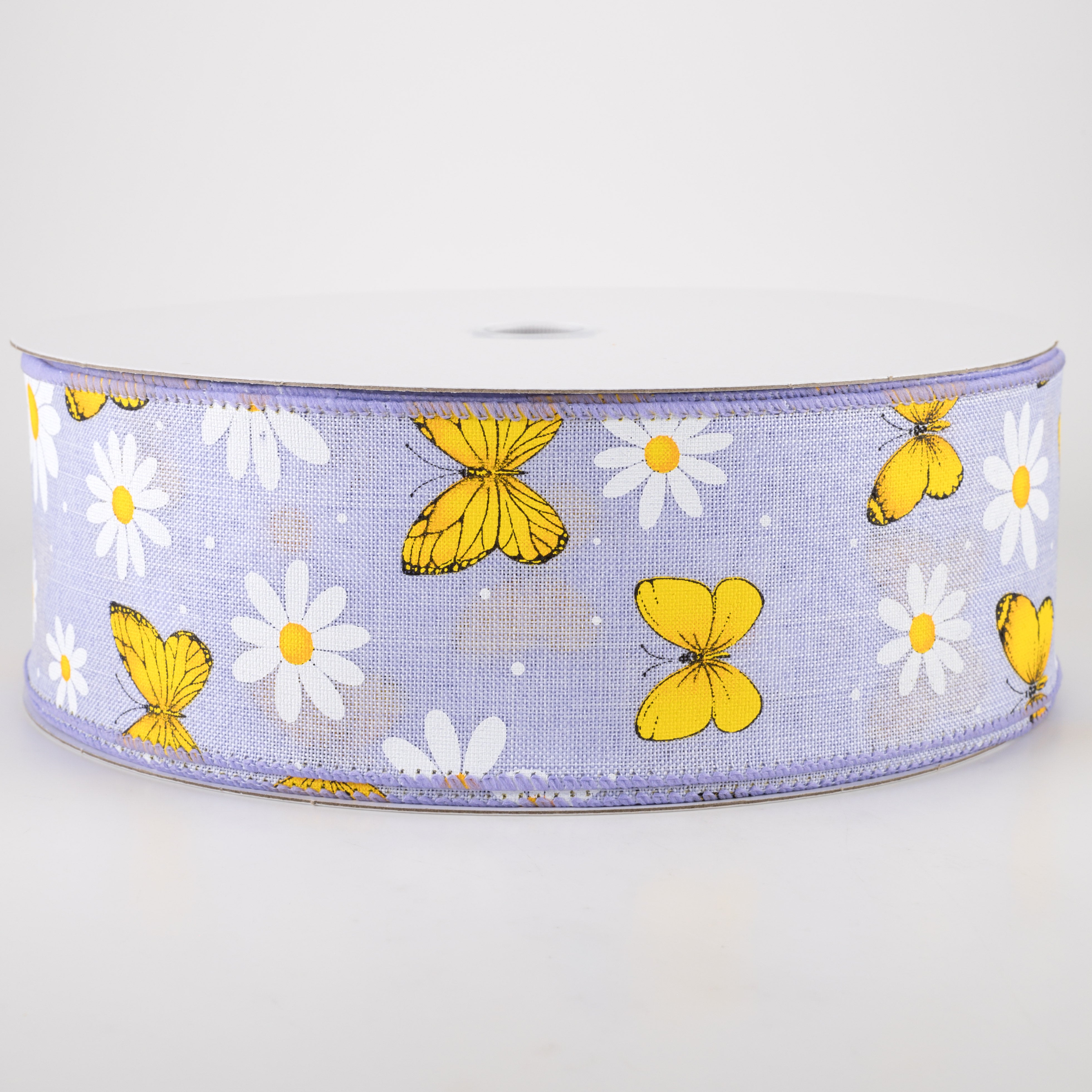 2.5" Daisies & Butterflies Linen Ribbon: Lavender (50 Yards) Item Number: 841-40-232