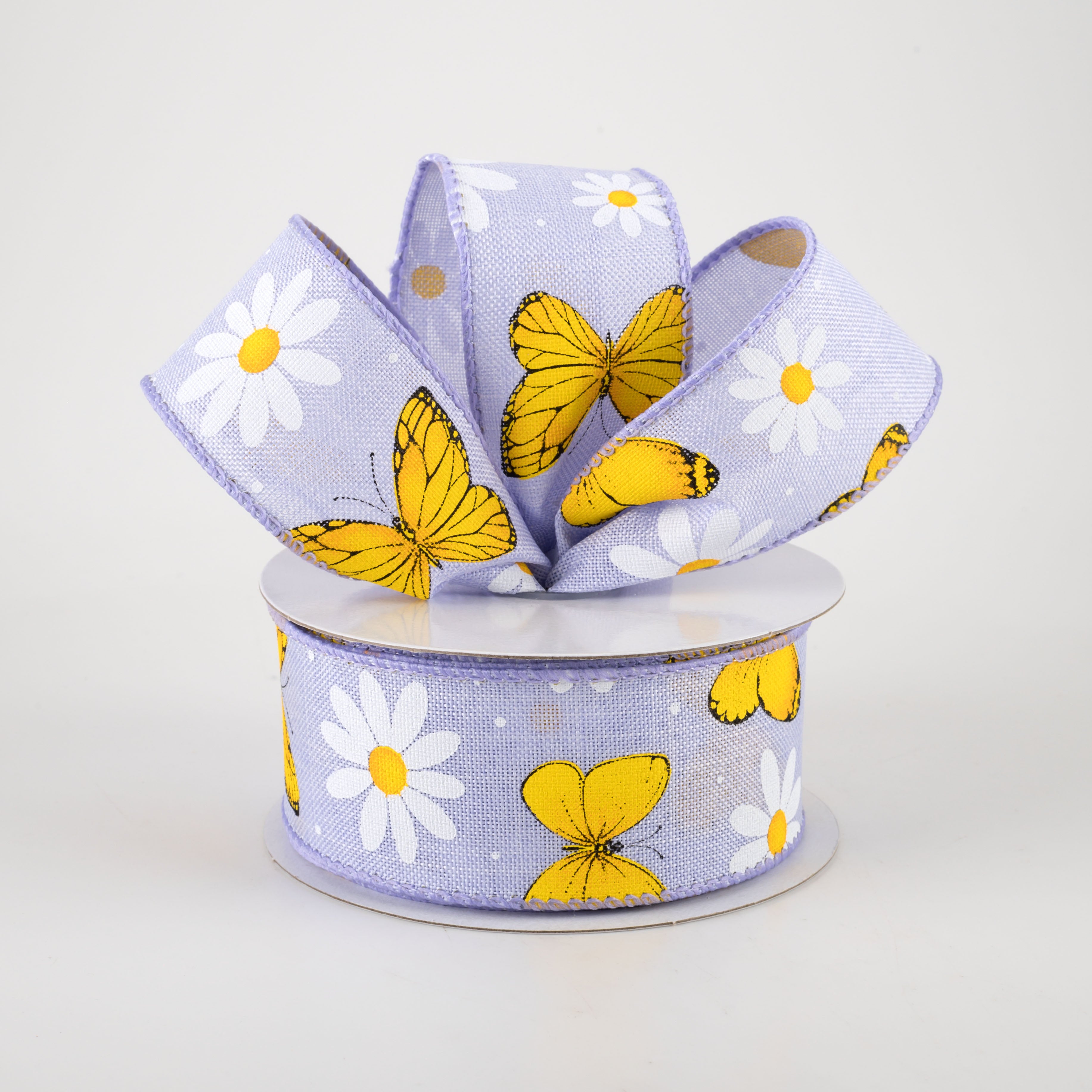 1.5" Daisies & Butterflies Linen Ribbon: Lavender (10 Yards) Lifestyle Photo