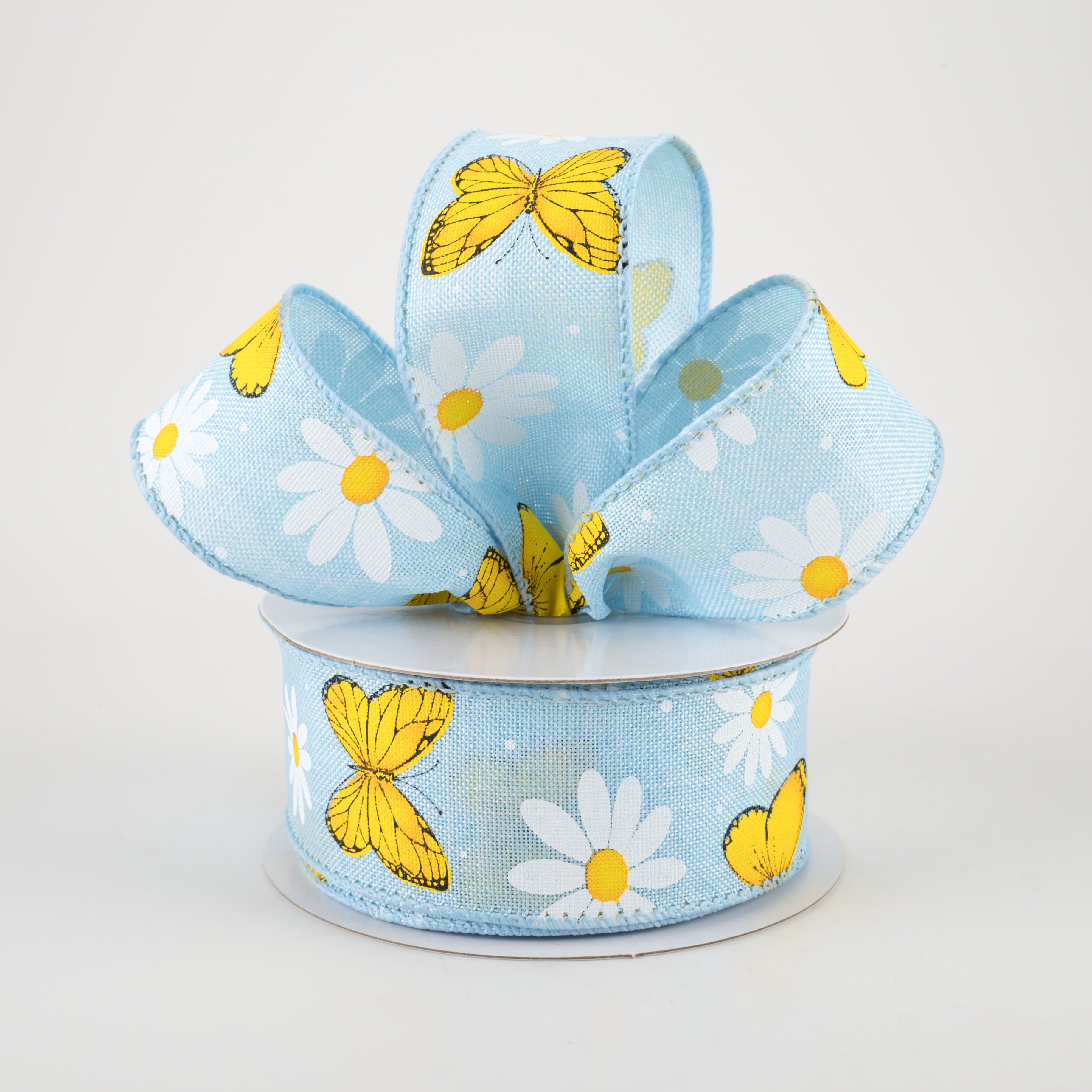 1.5" Daisies & Butterflies Linen Ribbon: Light Blue (10 Yards) Lifestyle Photo