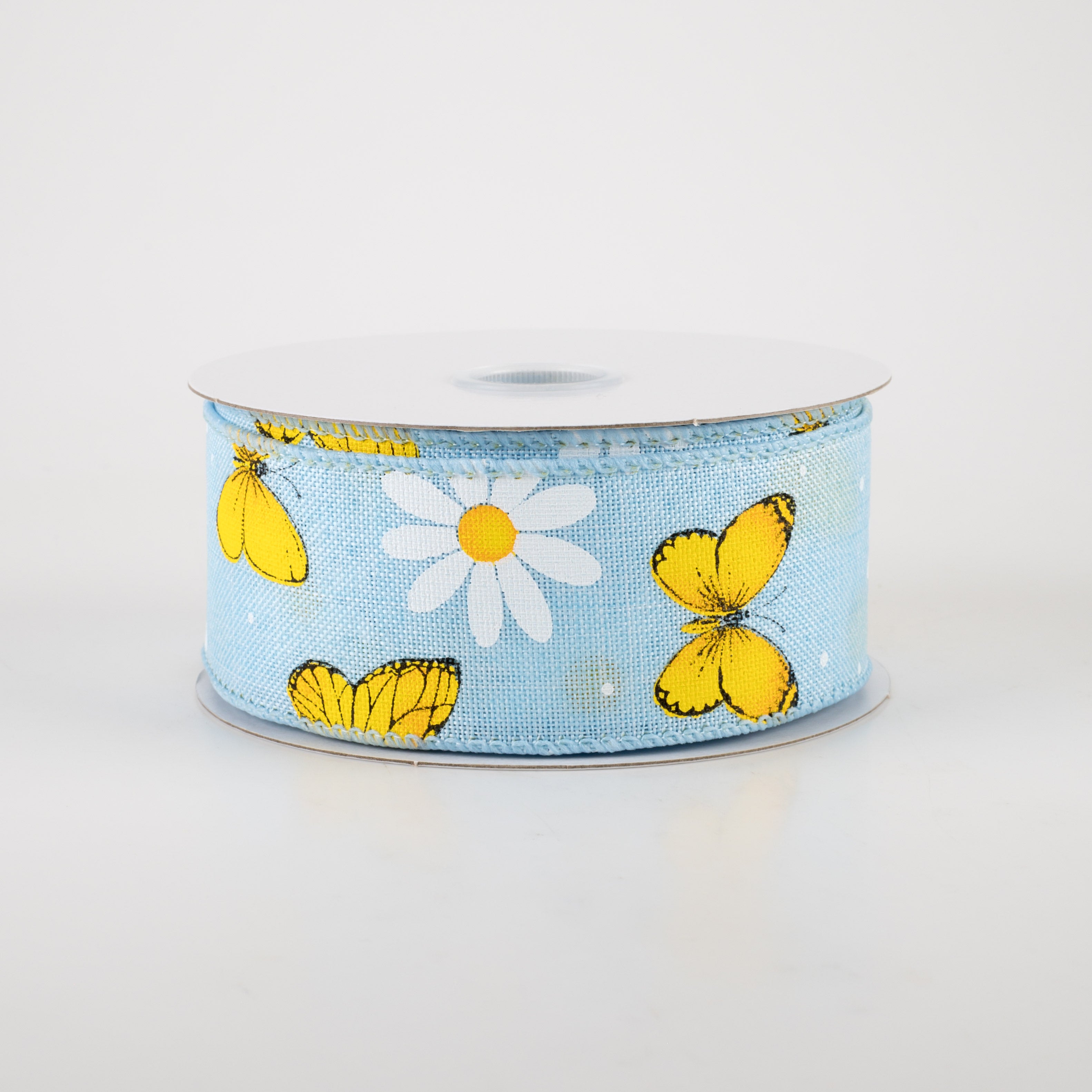 1.5" Daisies & Butterflies Linen Ribbon: Light Blue (10 Yards)