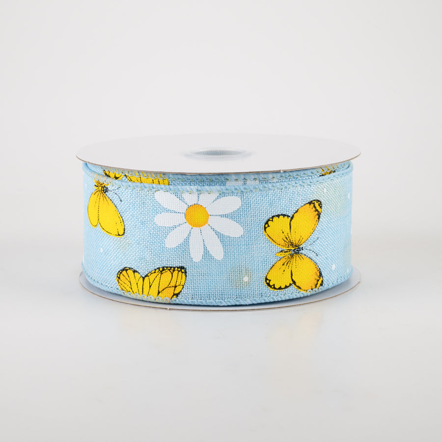 1.5" Daisies & Butterflies Linen Ribbon: Light Blue (10 Yards)