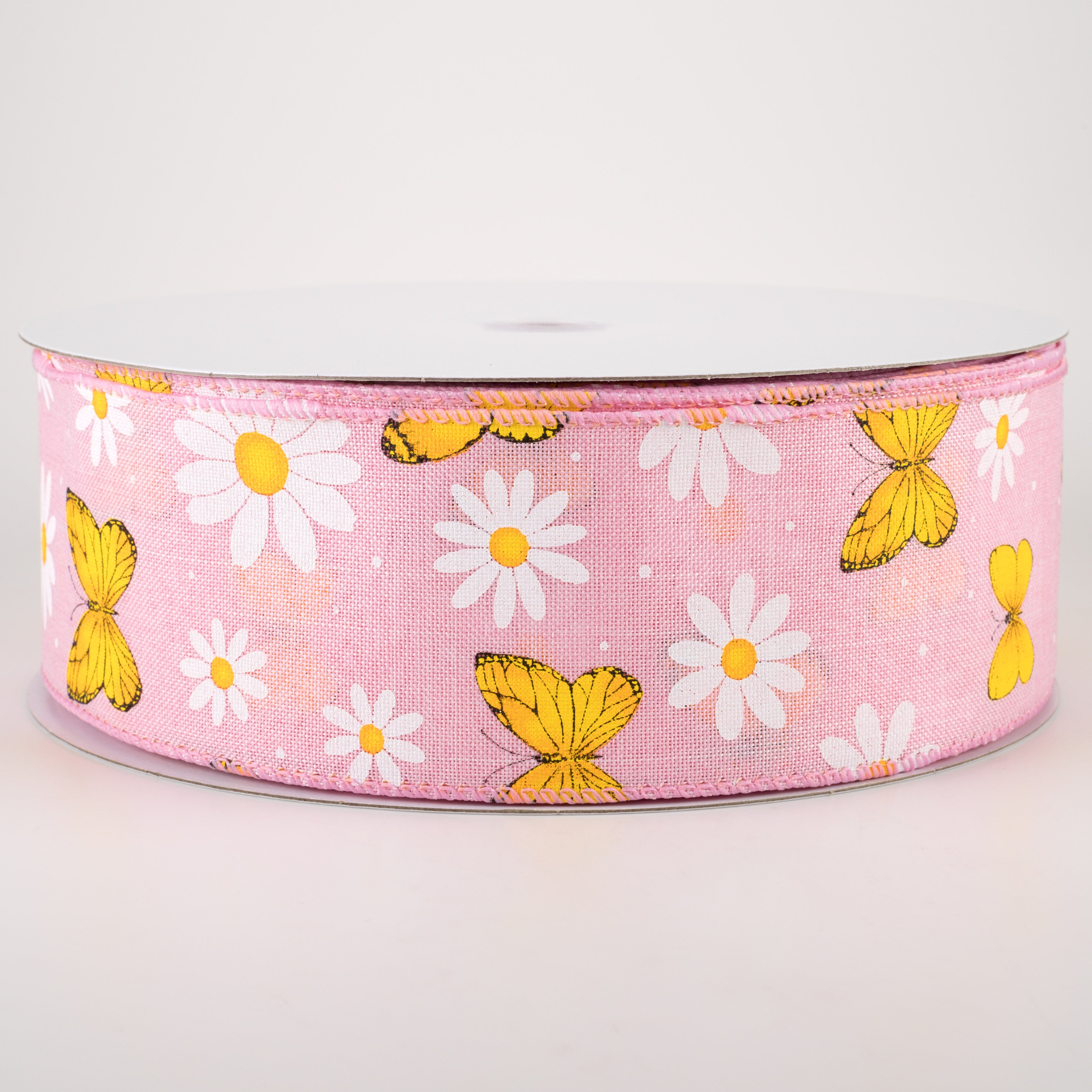 2.5" Daisies & Butterflies Linen Ribbon: Pink (50 Yards) Item Number: 841-40-231