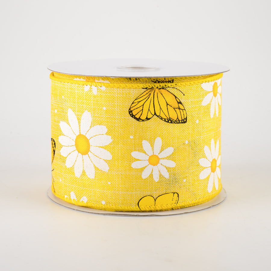 2.5" Daisies & Butterflies Linen Ribbon: Yellow (10 Yards)