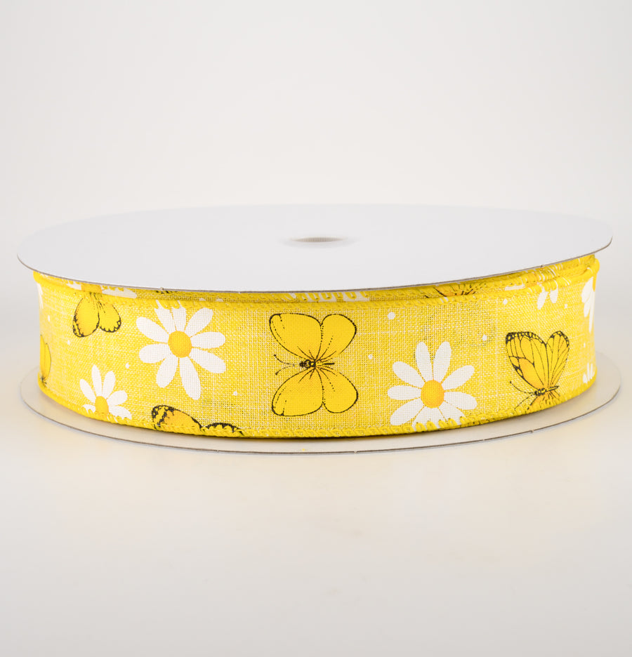 1.5" Daisies & Butterflies Linen Ribbon: Yellow (50 Yards)