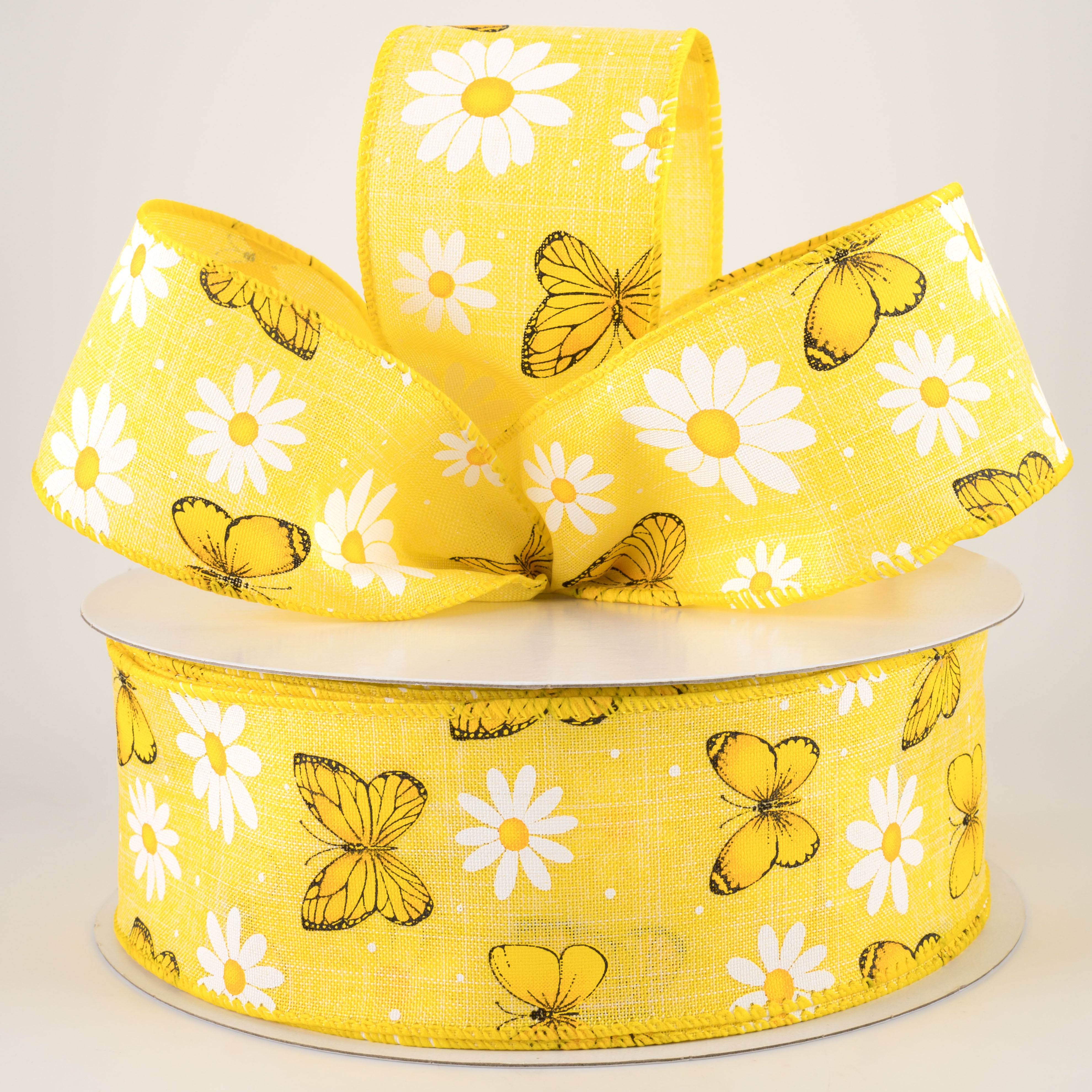2.5" Daisies & Butterflies Linen Ribbon: Yellow (50 Yards) Lifestyle Photo
