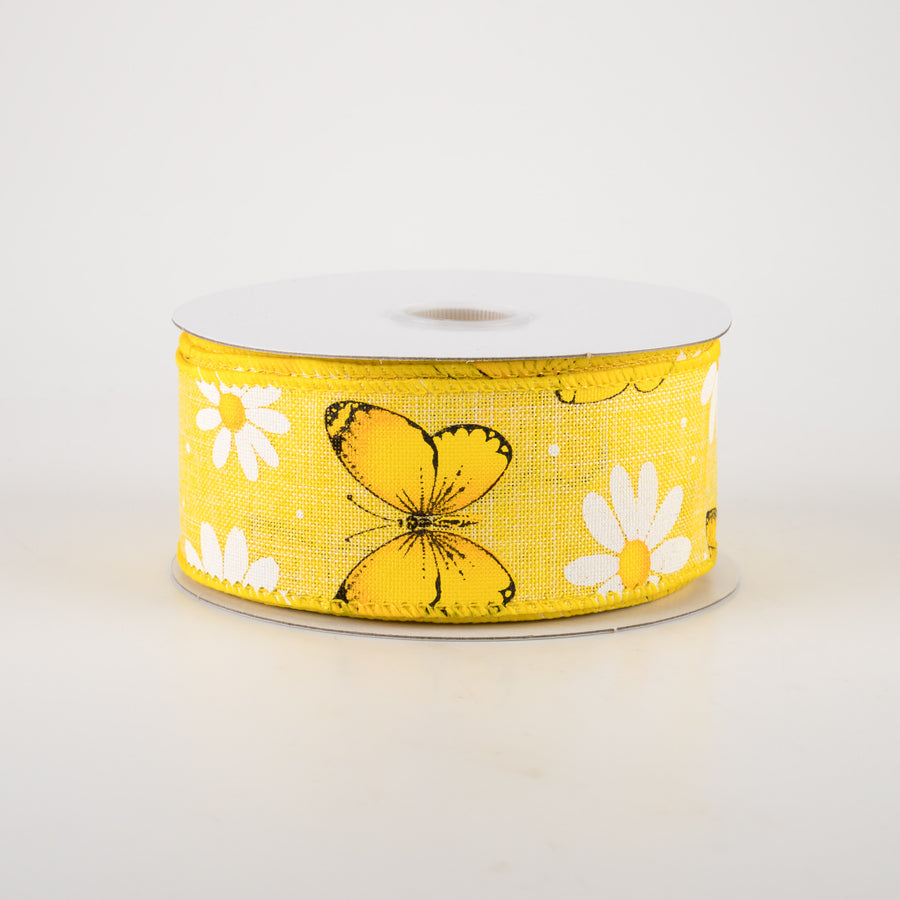 1.5" Daisies & Butterflies Linen Ribbon: Yellow (10 Yards)